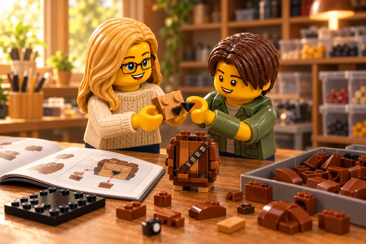 Deux figurines, une adulte blonde à lunettes en pull crème et une adolescente aux cheveux bruns en chemise verte, comparent une petite pièce noire avec un panneau de museau clair.