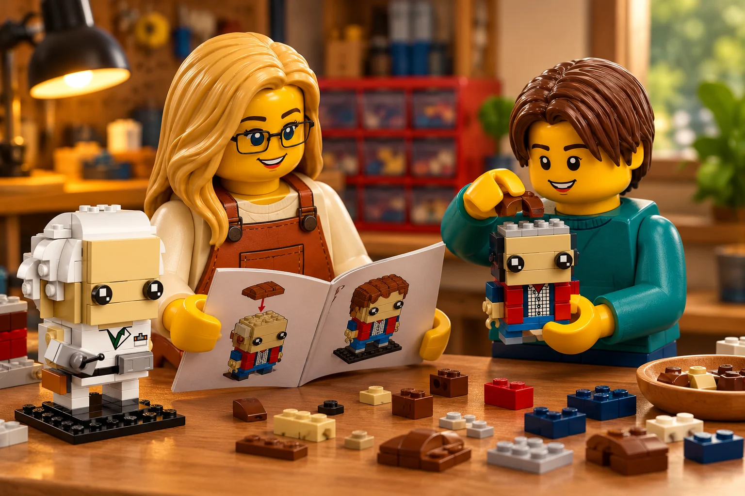 Une adulte blonde à lunettes en tablier terracotta tient un livret illustré ; un adolescent châtain en sweat bleu-vert place une pièce marron sur une petite tête.