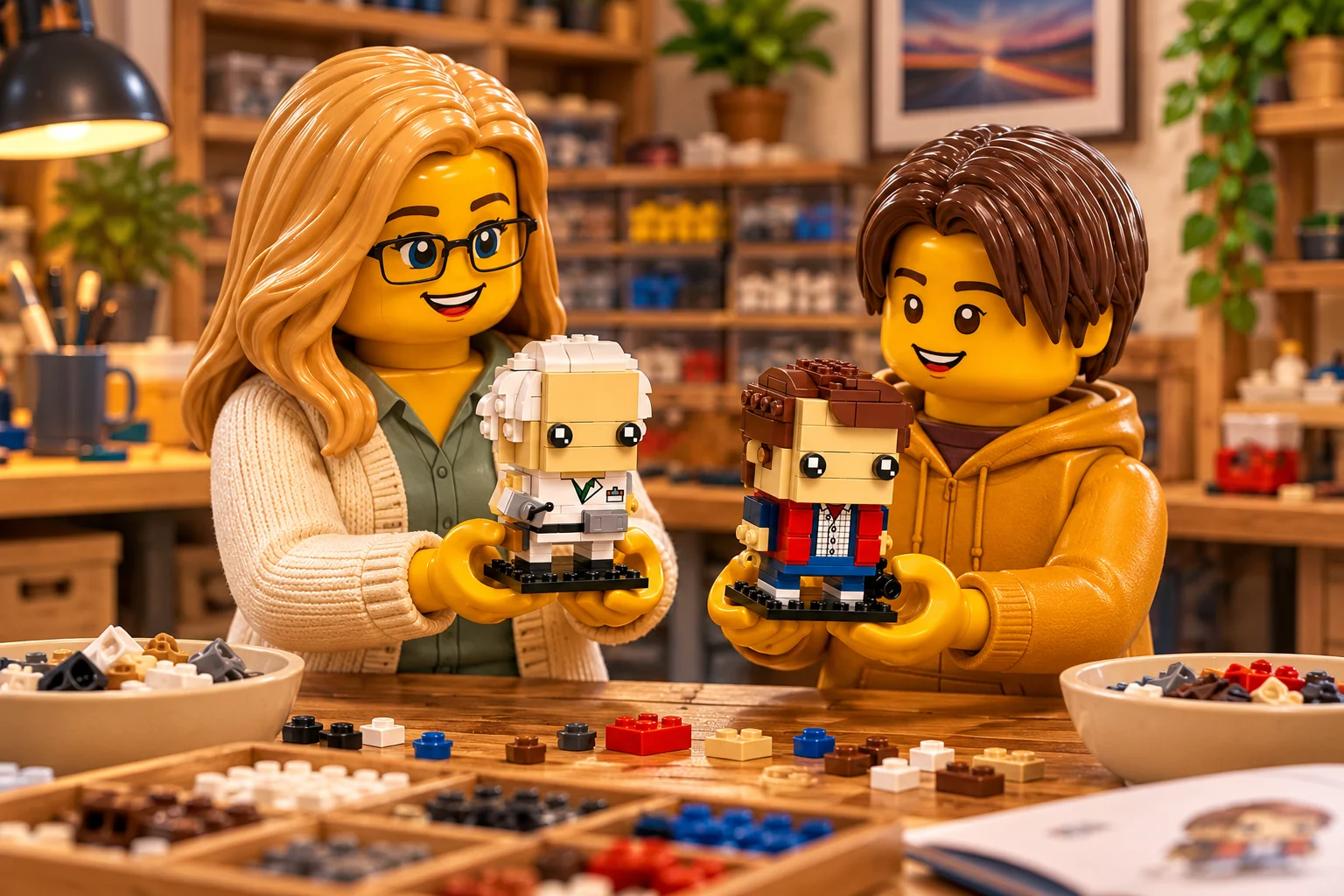 Une figurine adulte blonde à lunettes, en cardigan ivoire, tient un petit personnage blanc ; un adolescent châtain en sweat ocre tient un petit personnage à veste rouge.