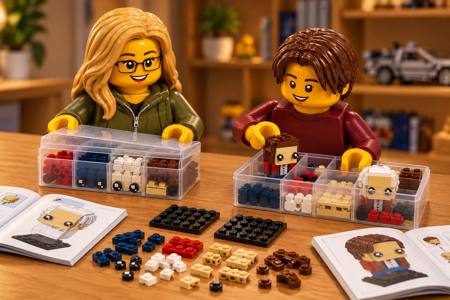 Une adulte blonde à lunettes en veste olive et un adolescent châtain en haut bordeaux préparent des boîtes transparentes avec pièces et sous-assemblages blancs, marron, rouges et bleus.