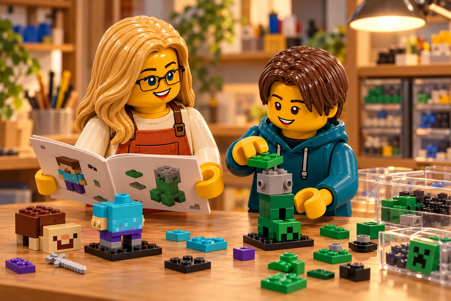 Une adulte blonde à lunettes en tablier terracotta tient un livret illustré ; un adolescent châtain en sweat bleu-vert ajoute une plaque verte à un petit noyau gris et vert.