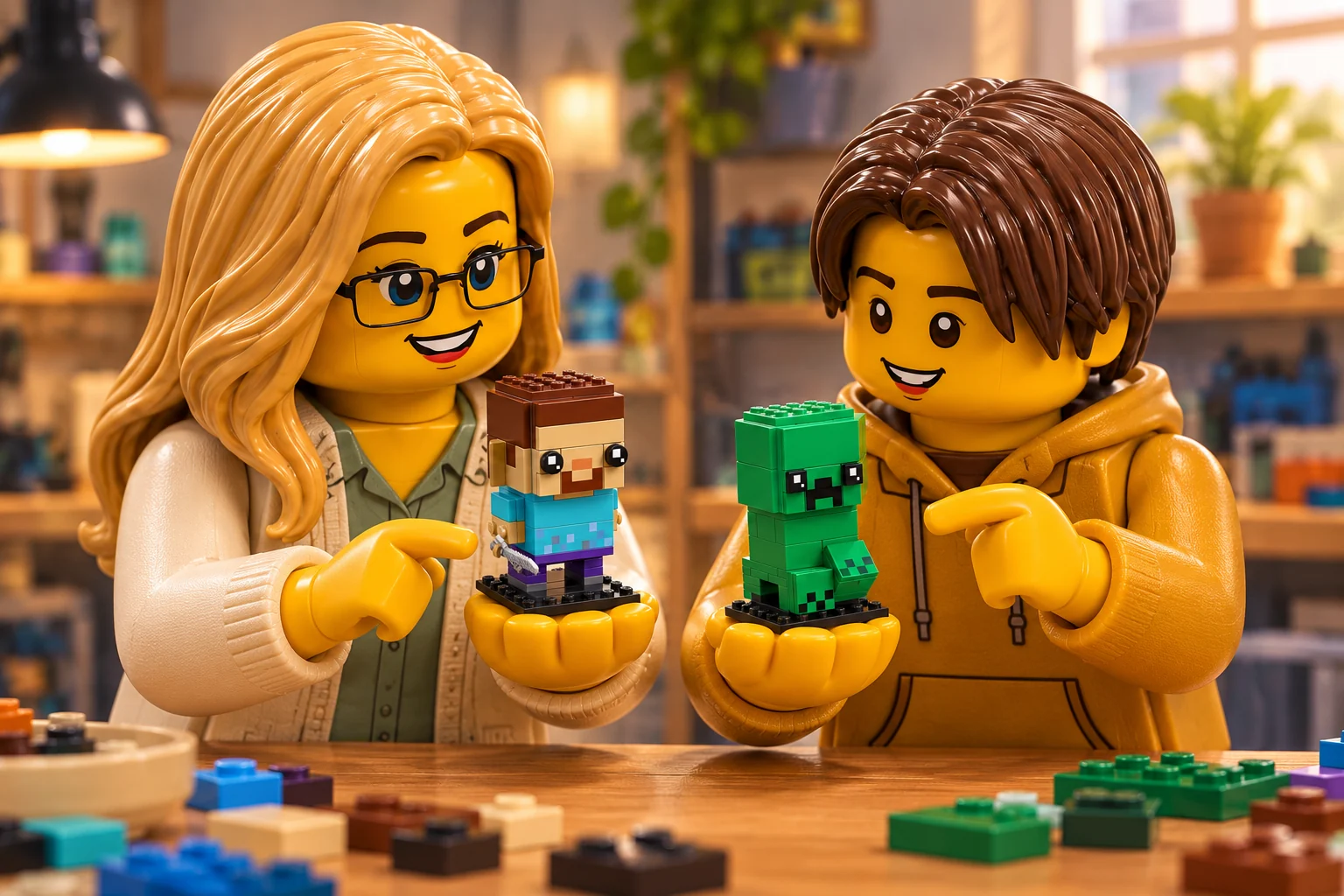 Une adulte blonde à lunettes en cardigan ivoire tient un petit personnage à torse bleu ; un adolescent châtain en sweat ocre tient un petit personnage vert.