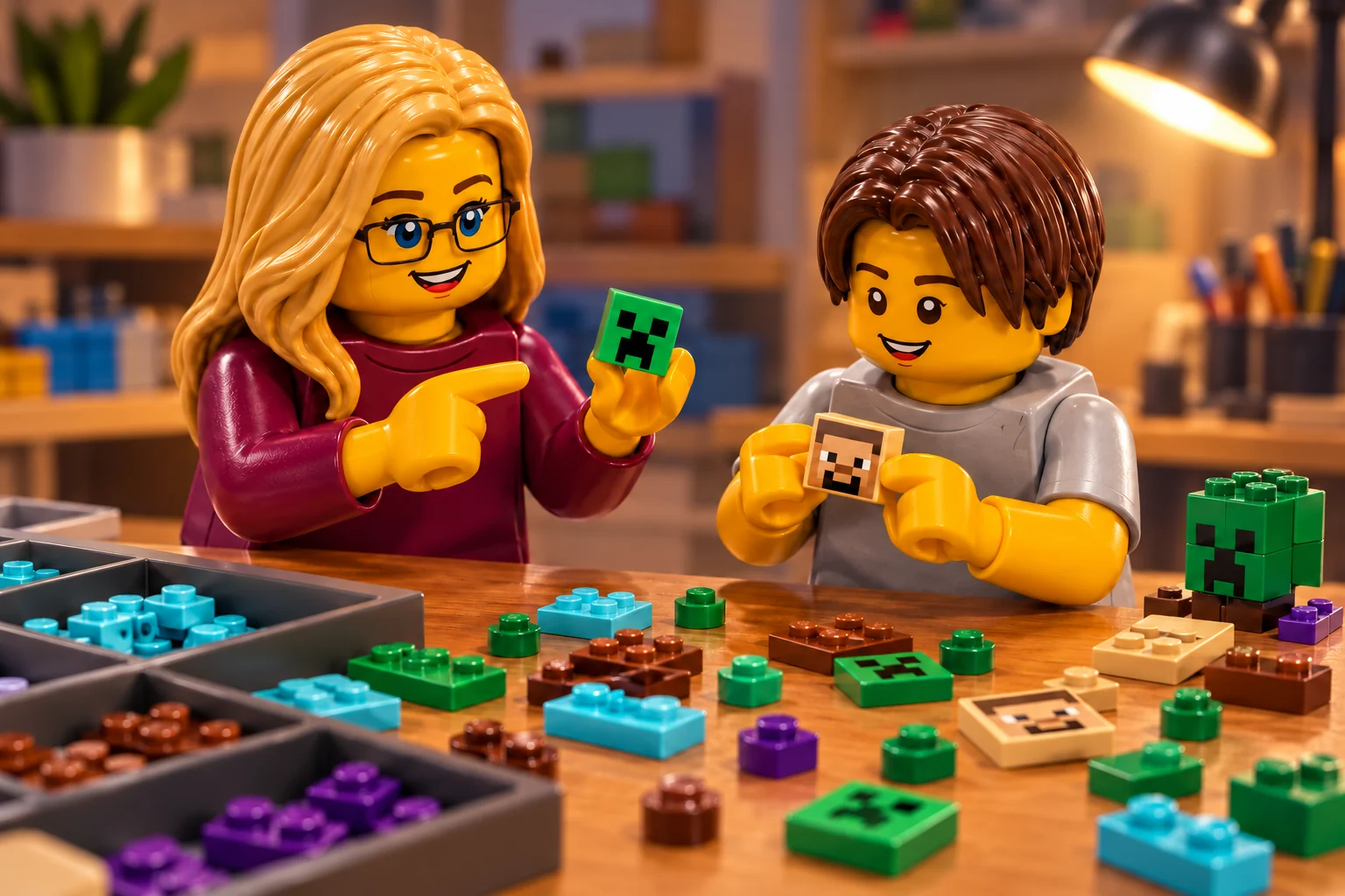 Une adulte blonde à lunettes en blouse prune et un adolescent châtain en tee-shirt gris comparent une tuile verte à bouche noire et une petite pièce beige à visage pixelisé.