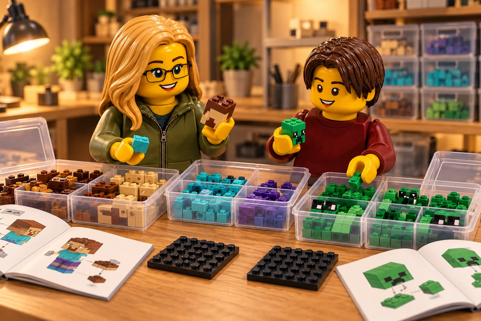 Une adulte blonde à lunettes en veste olive et un adolescent châtain en haut bordeaux rangent des pièces colorées et des sous-assemblages dans des bacs transparents.