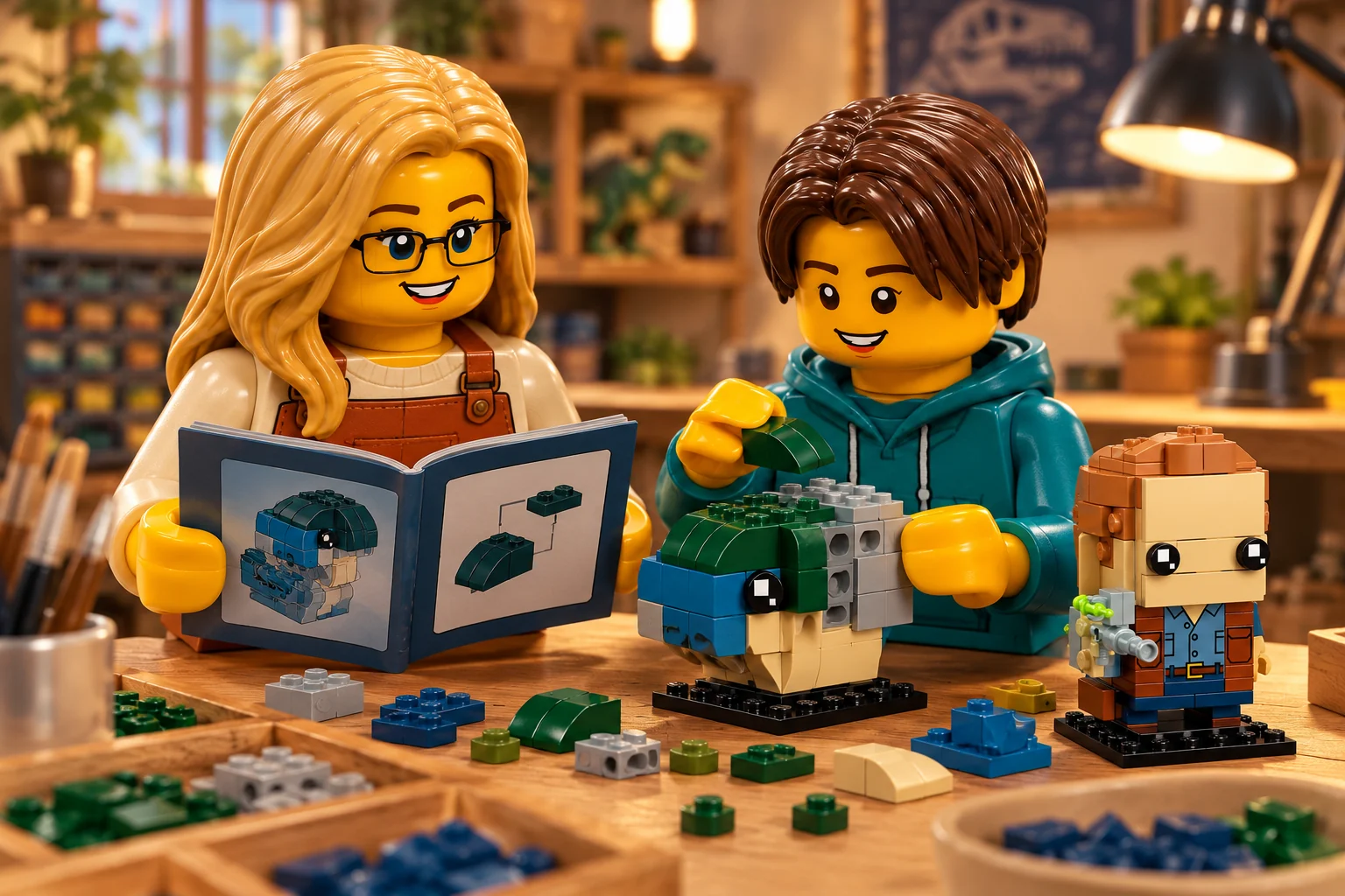 Une adulte blonde à lunettes en tablier terracotta tient un livret illustré ; un adolescent châtain en sweat bleu-vert assemble la partie grise et verte d’une petite tête de dinosaure.