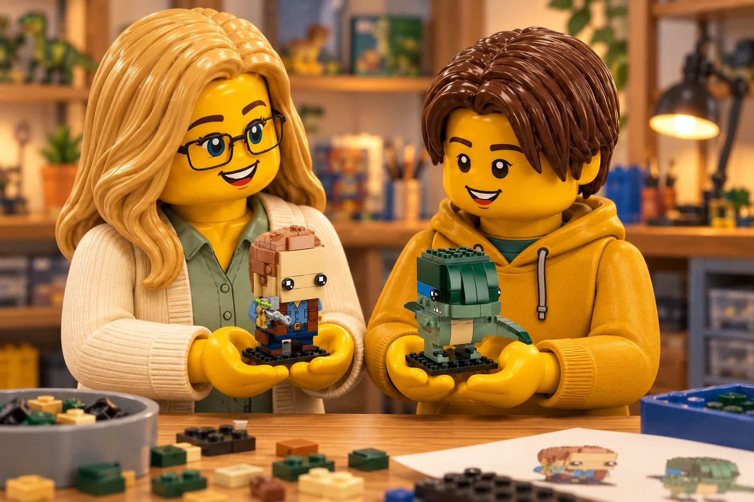 Une adulte blonde à lunettes en cardigan ivoire tient un petit personnage à chemise bleue ; un adolescent châtain en sweat ocre tient un petit dinosaure en briques vertes.