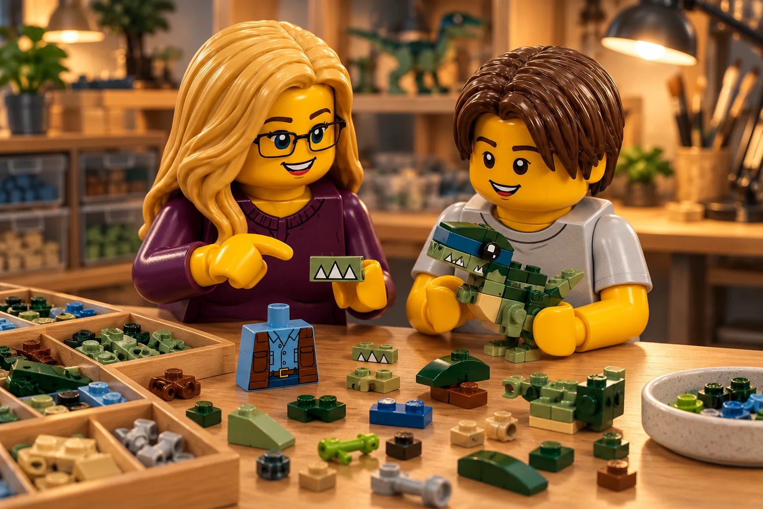 Une adulte blonde à lunettes en blouse prune montre une petite tuile verte à dents ; un adolescent châtain en tee-shirt gris observe un sous-assemblage vert de dinosaure.