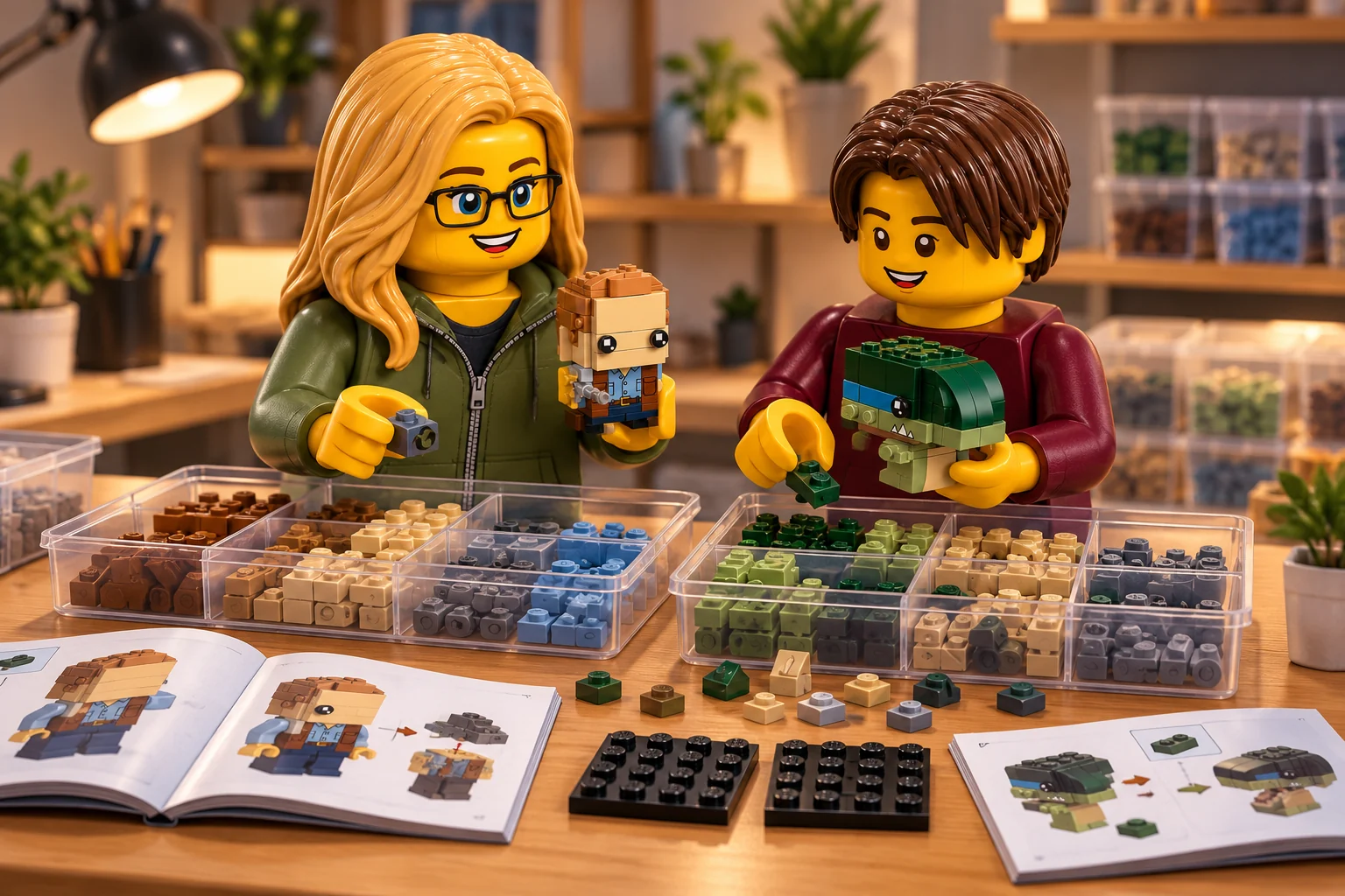 Une adulte blonde à lunettes en veste olive et un adolescent châtain en haut bordeaux trient des éléments beiges, marron, verts et gris dans des bacs transparents, près de deux petits modèles.