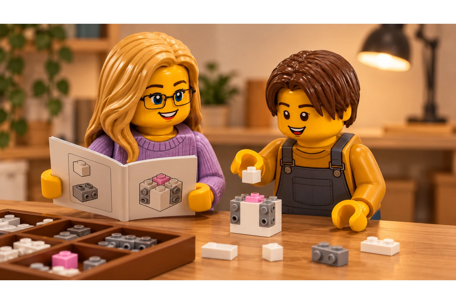 Une figurine adolescente brune ajoute une pièce sur une petite structure inachevée du set LEGO 41615, auprès d’une figurine adulte blonde à lunettes.