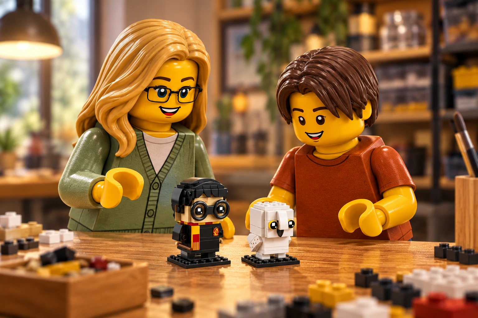 Une figurine adulte blonde à lunettes et une figurine adolescente aux cheveux bruns découvrent un petit modèle Harry Potter et Hedwige sur une table d’atelier.