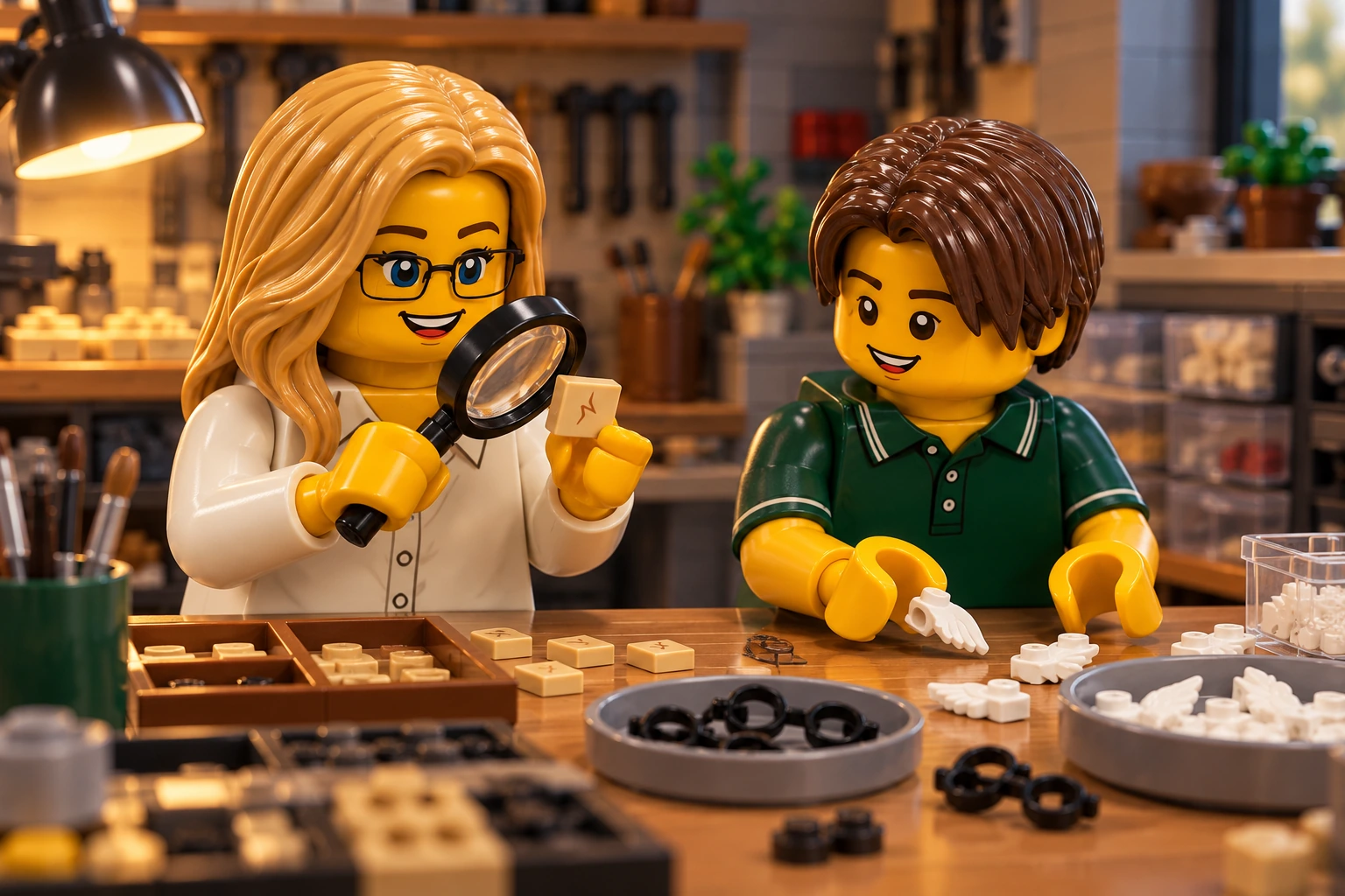 Deux figurines, une adulte blonde à lunettes et un adolescent brun, examinent de petites pièces du set LEGO 41615 sur une table d’atelier.