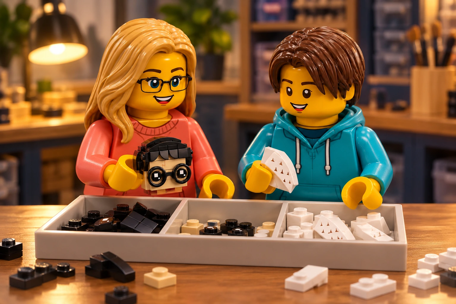 Une figurine adulte blonde à lunettes et une figurine adolescente brune regroupent des pièces et sous-ensembles du set LEGO 41615 dans un plateau de tri.