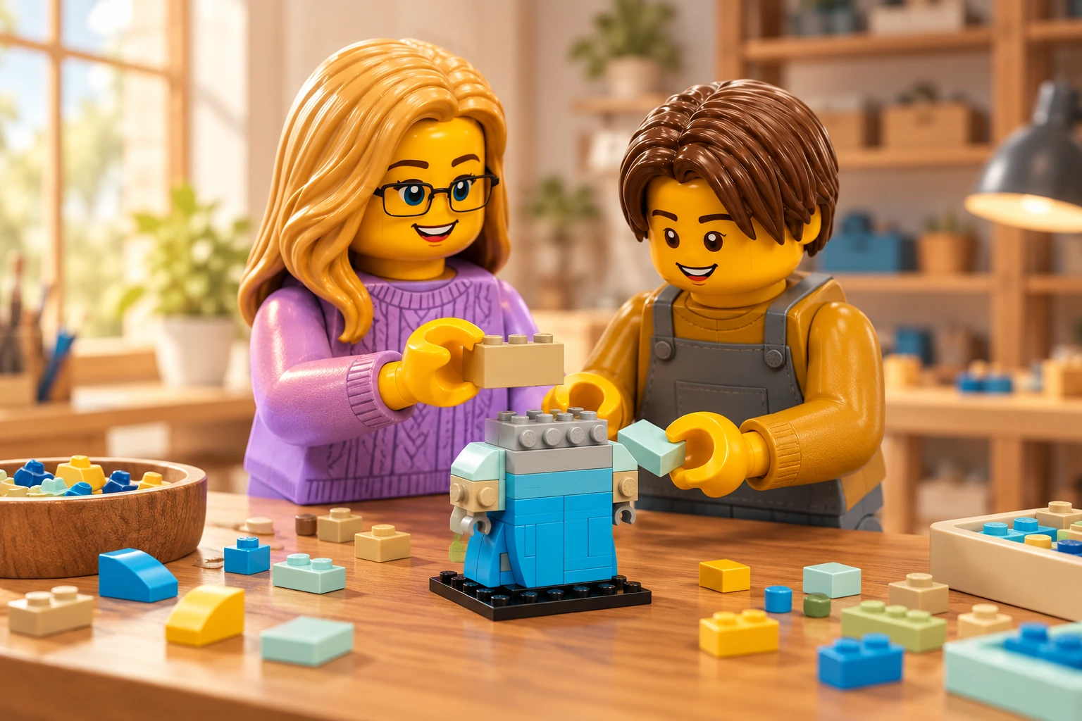 Une figurine adolescente brune ajoute une pièce sur une petite structure inachevée du set LEGO 41617, auprès d’une figurine adulte blonde à lunettes.