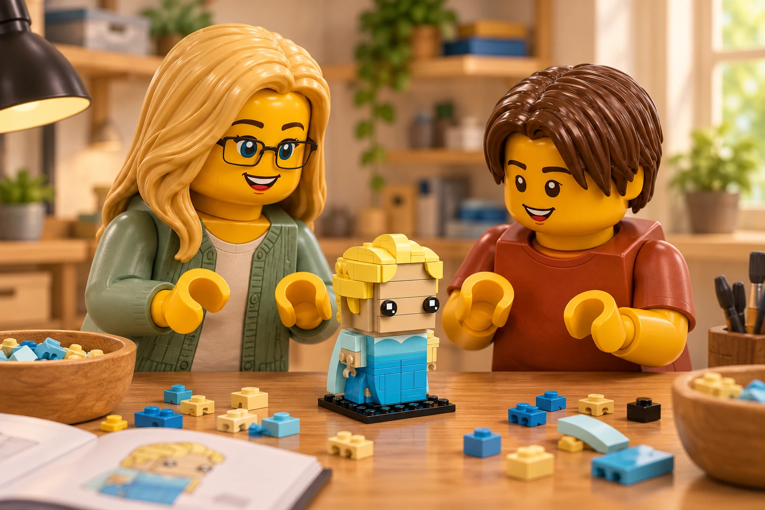 Une figurine adulte blonde à lunettes et une figurine adolescente aux cheveux bruns découvrent un petit modèle Elsa sur une table d’atelier.