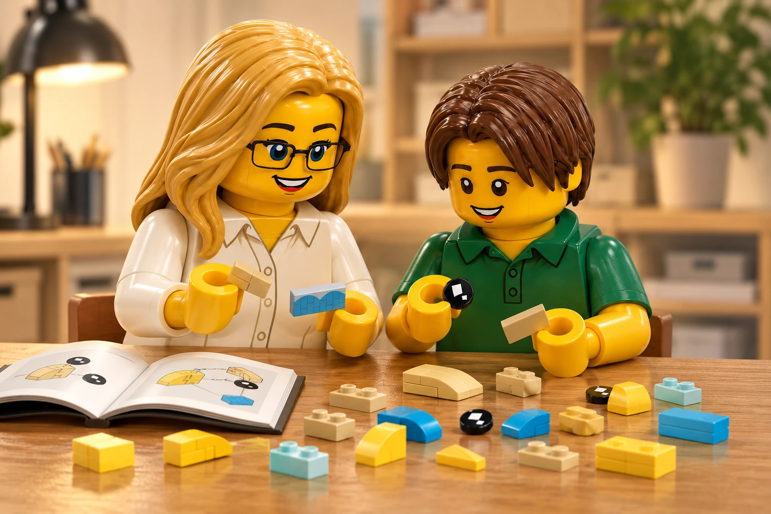 Deux figurines, une adulte blonde à lunettes et un adolescent brun, examinent de petites pièces du set LEGO 41617 sur une table d’atelier.