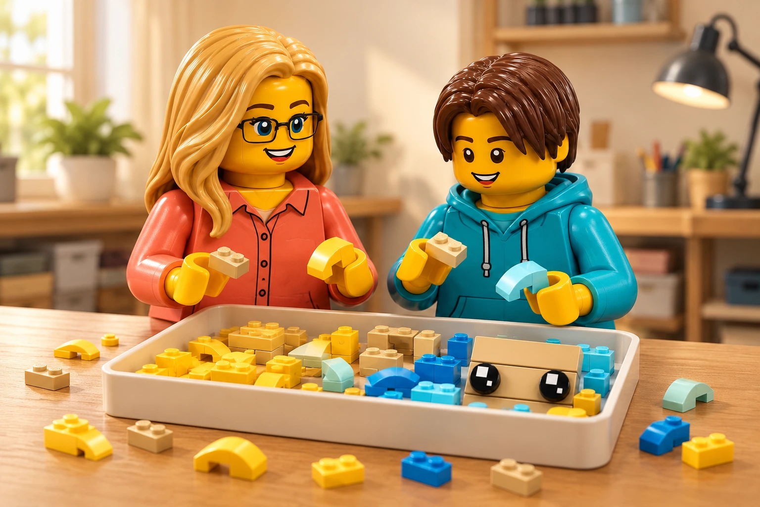 Une figurine adulte blonde à lunettes et une figurine adolescente brune regroupent des pièces et sous-ensembles du set LEGO 41617 dans un plateau de tri.
