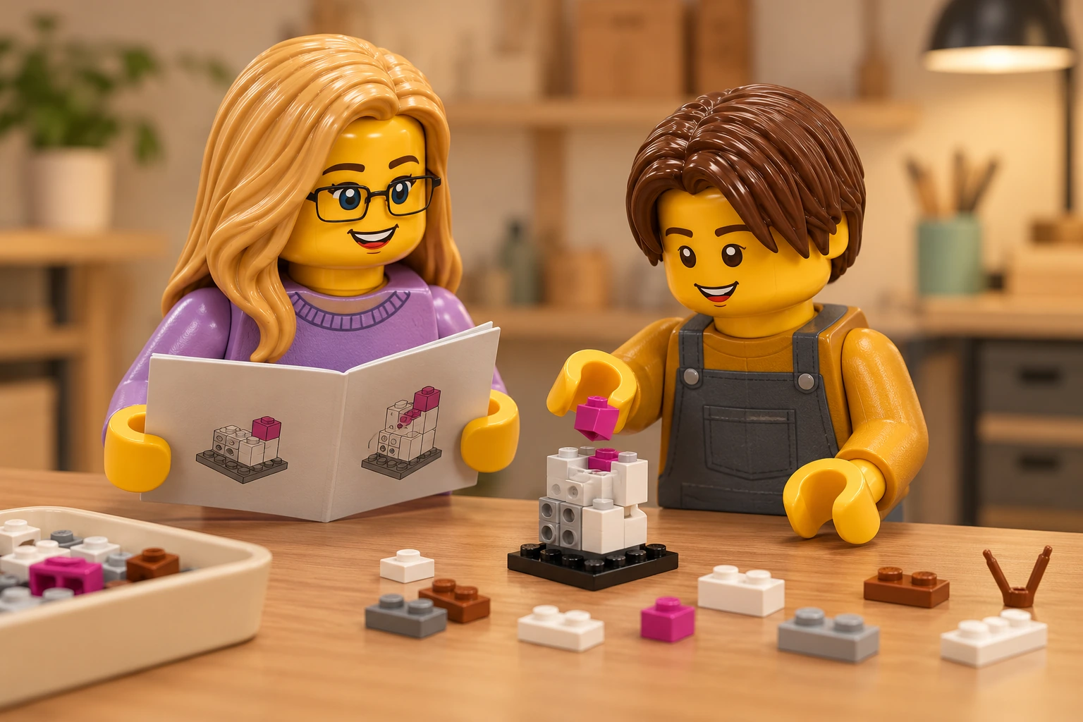 Une figurine adolescente brune ajoute une pièce sur une petite structure inachevée du set LEGO 41618, auprès d’une figurine adulte blonde à lunettes.