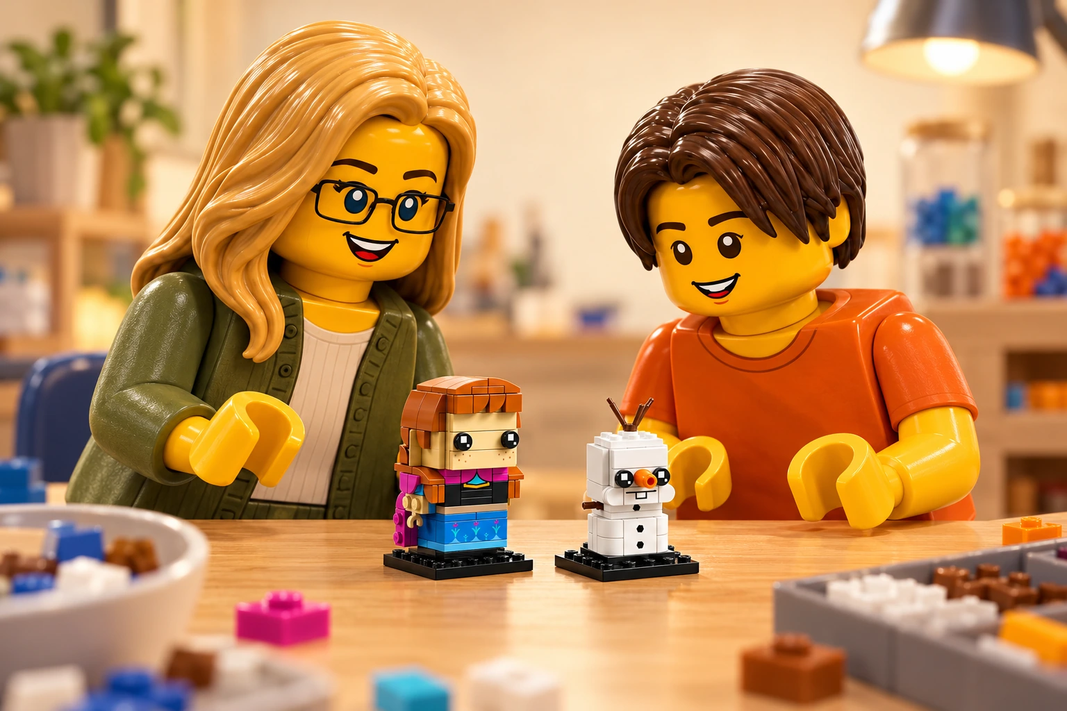 Une figurine adulte blonde à lunettes et une figurine adolescente aux cheveux bruns découvrent un petit modèle Anna et Olaf sur une table d’atelier.