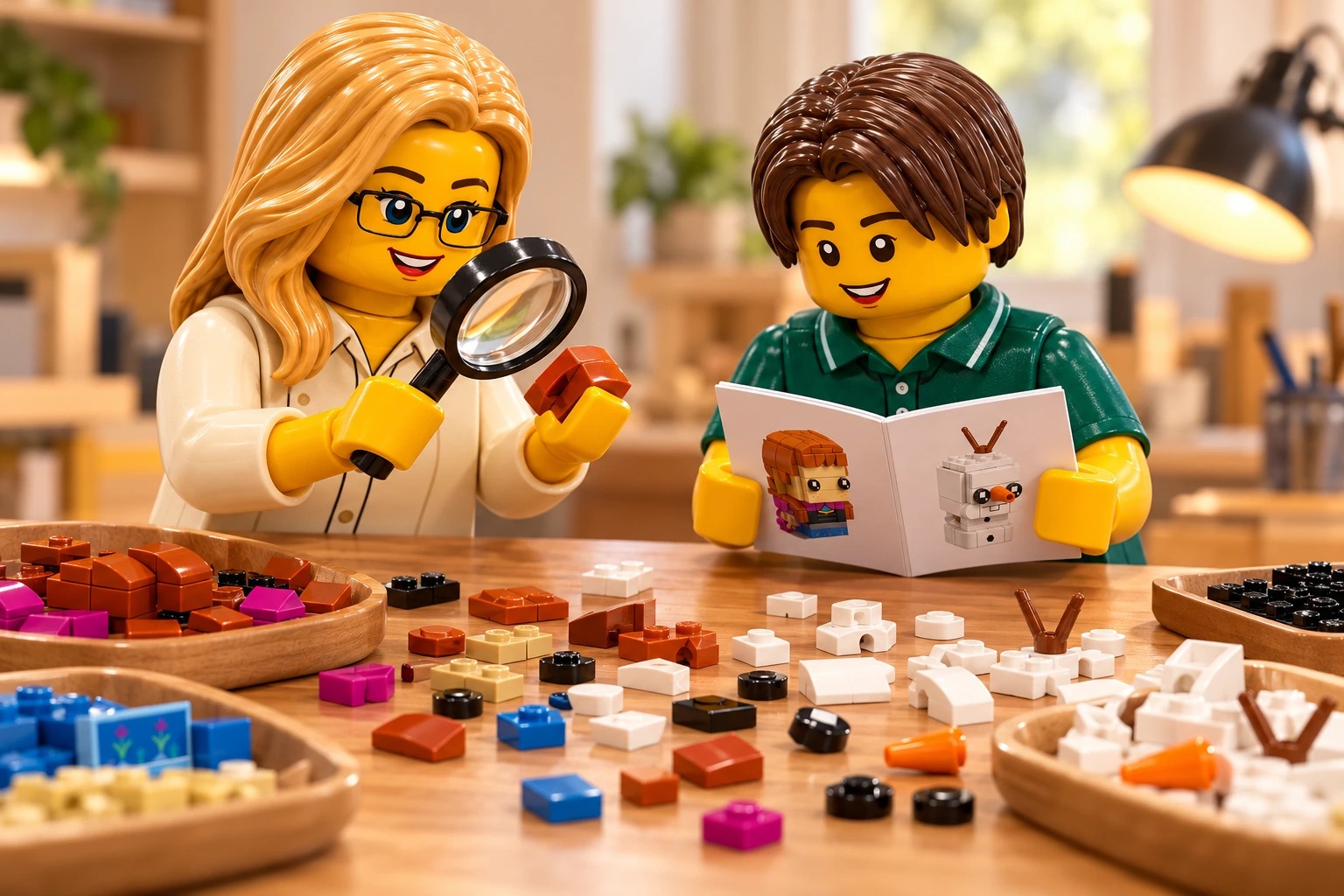 Deux figurines, une adulte blonde à lunettes et un adolescent brun, examinent de petites pièces du set LEGO 41618 sur une table d’atelier.