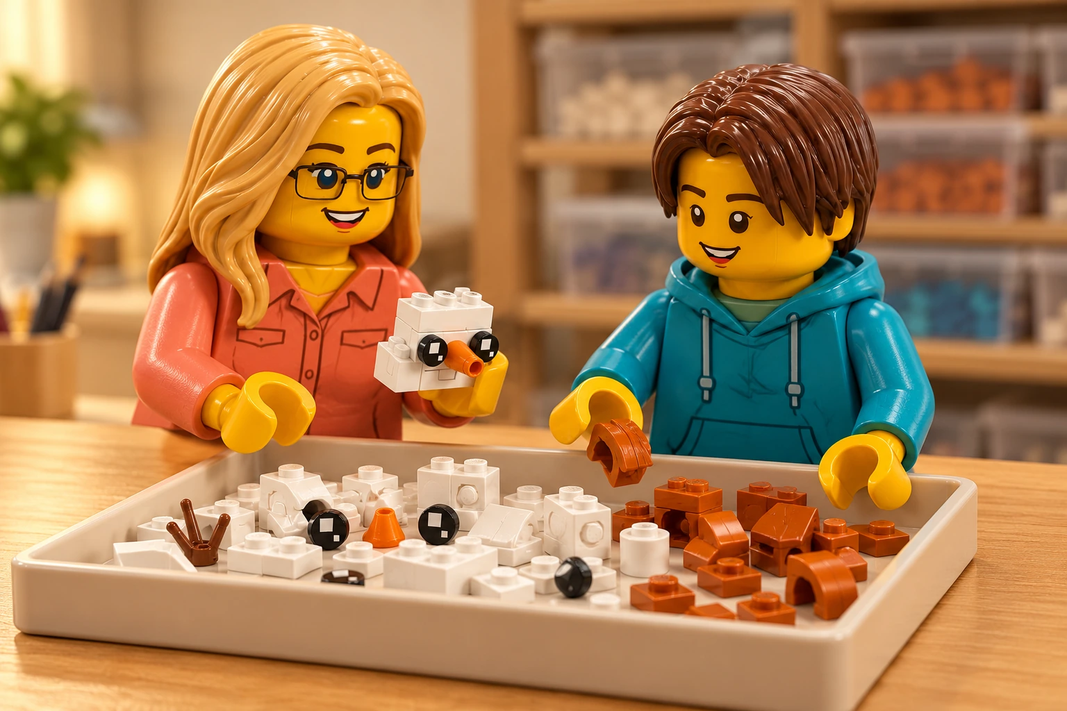 Une figurine adulte blonde à lunettes et une figurine adolescente brune regroupent des pièces et sous-ensembles du set LEGO 41618 dans un plateau de tri.