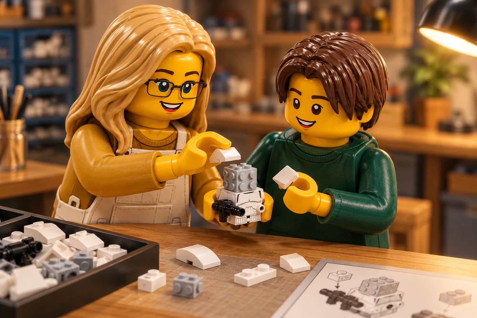 Deux personnages en plastique assemblent une petite structure inachevée liée à Stormtrooper, avec des pièces disposées sur la table.