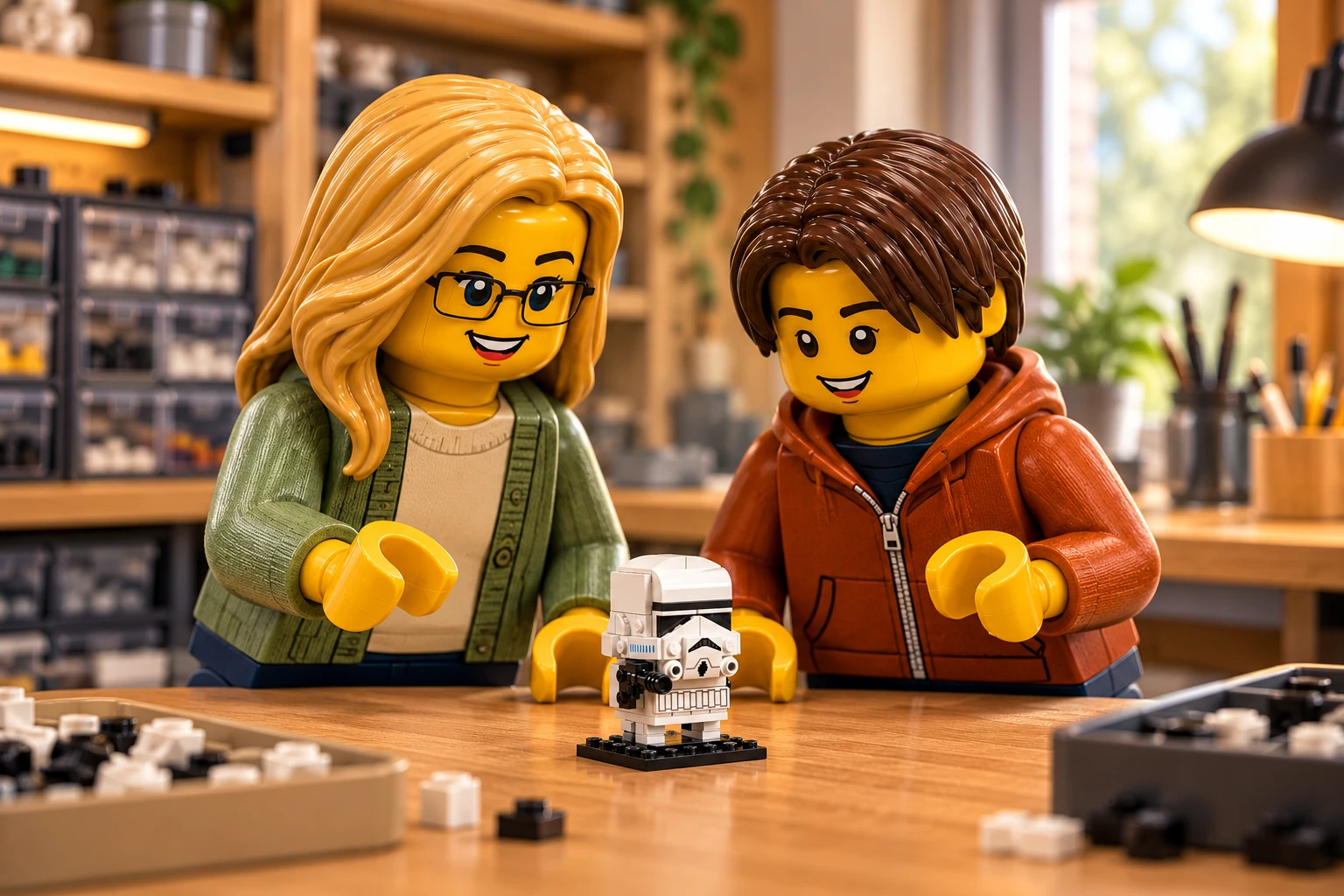 Deux personnages en plastique, une adulte blonde à lunettes et un adolescent aux cheveux châtains, découvrent un petit modèle Stormtrooper sur une table d’atelier.