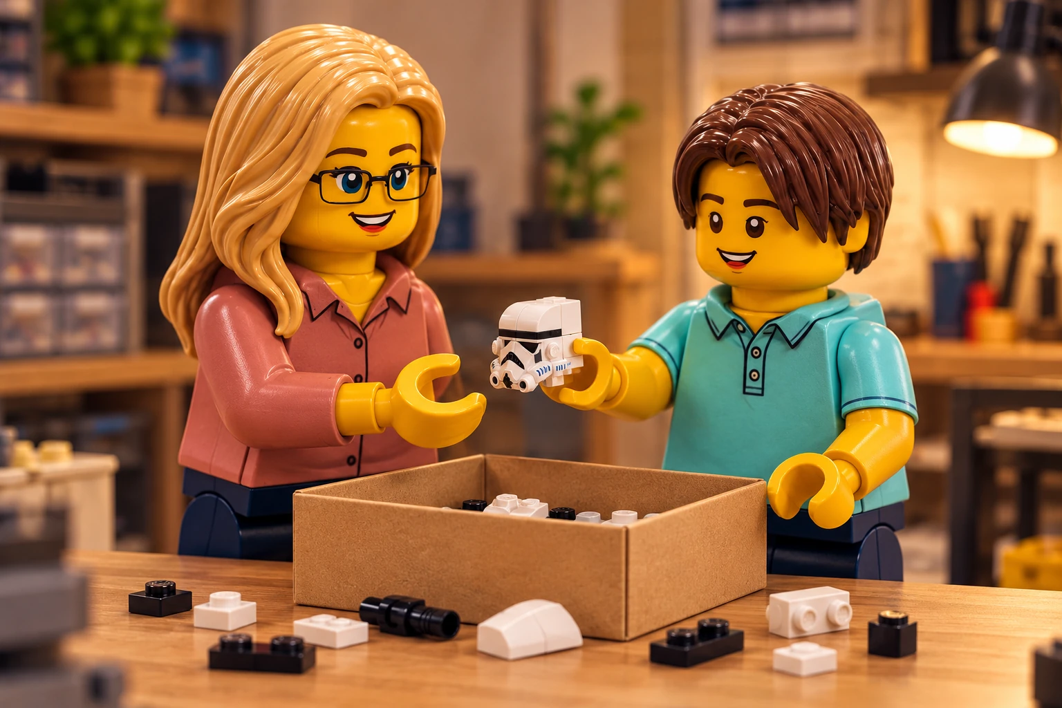Deux personnages en plastique se passent un petit sous-ensemble lié à Stormtrooper au-dessus d’une boîte de rangement ouverte.