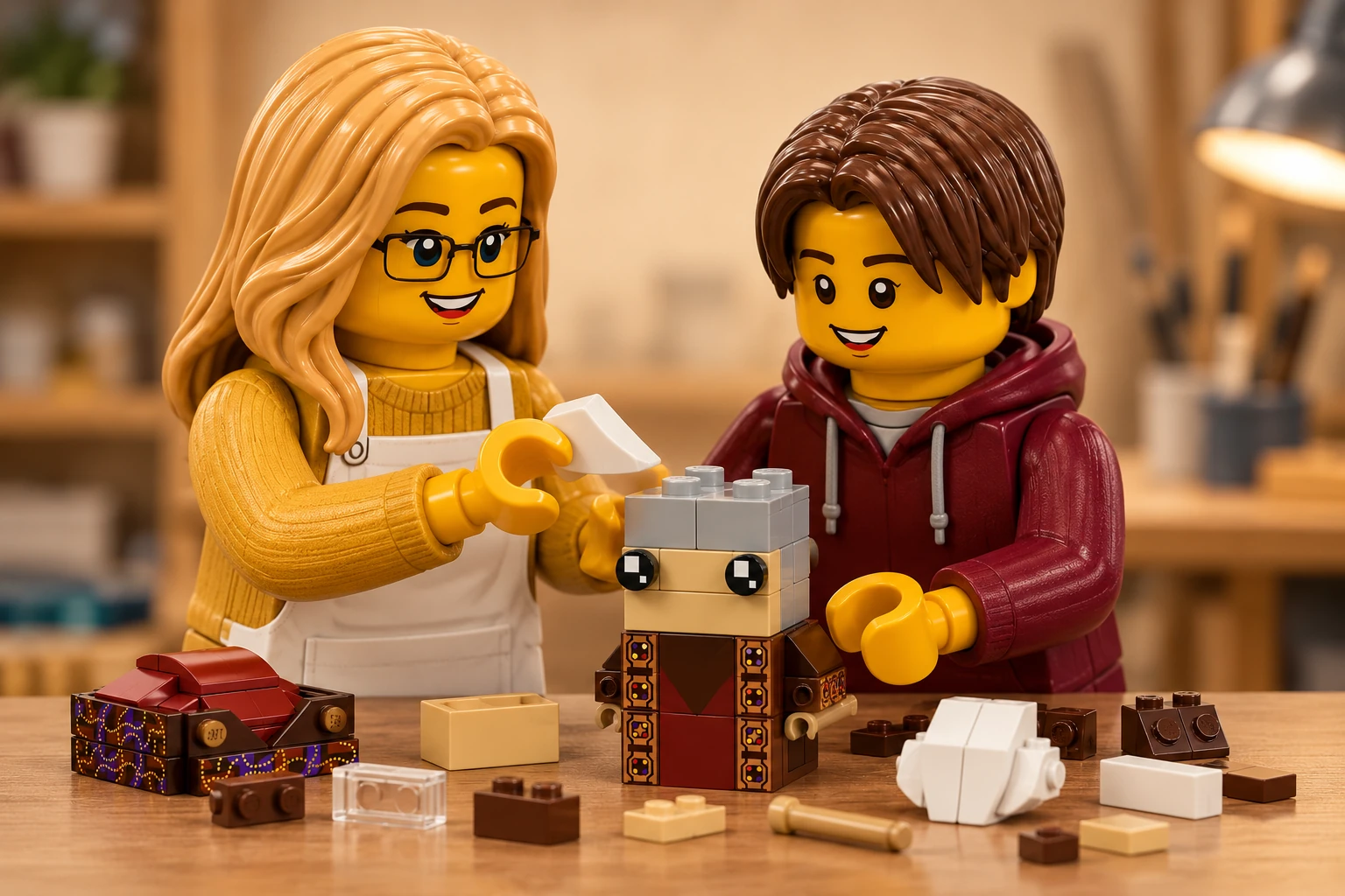 Deux personnages en plastique assemblent une petite structure inachevée liée à Ron Weasley & Albus Dumbledore, avec des pièces disposées sur la table.