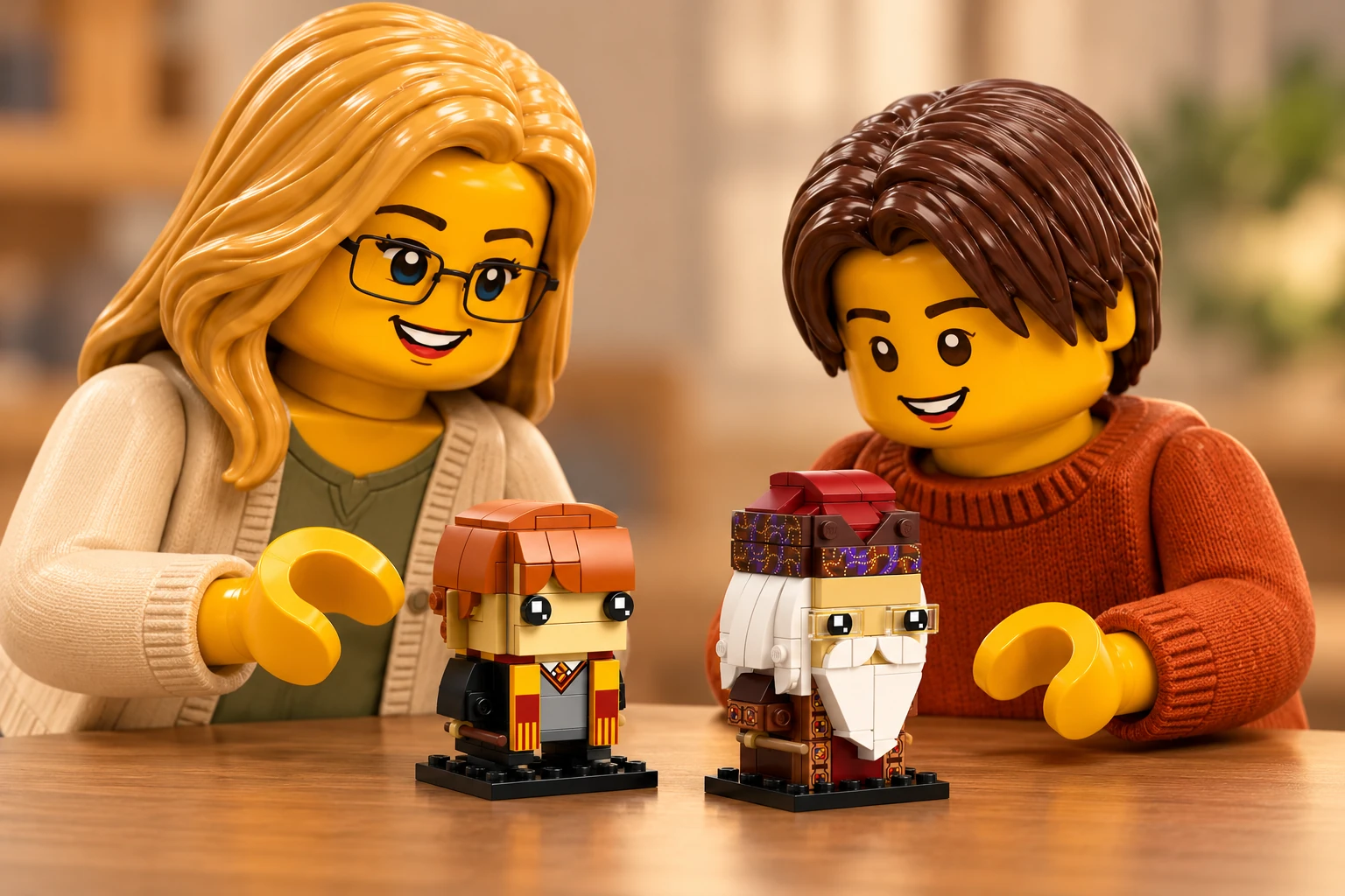 Deux personnages en plastique, une adulte blonde à lunettes et un adolescent aux cheveux châtains, découvrent de petits modèles Ron Weasley & Albus Dumbledore sur une table d’atelier.