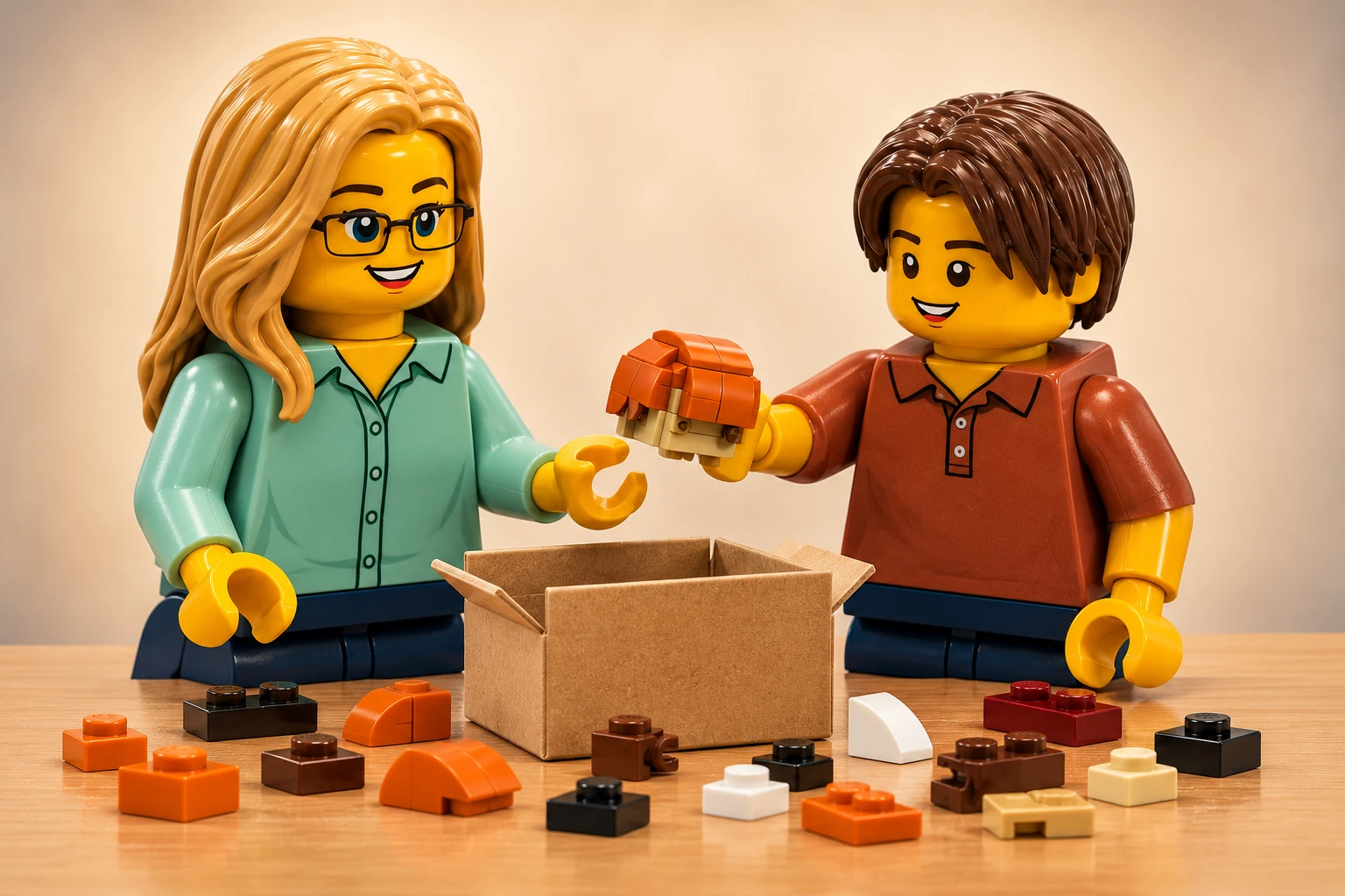 Deux personnages en plastique se passent un petit sous-ensemble lié à Ron Weasley & Albus Dumbledore au-dessus d’une boîte de rangement ouverte.