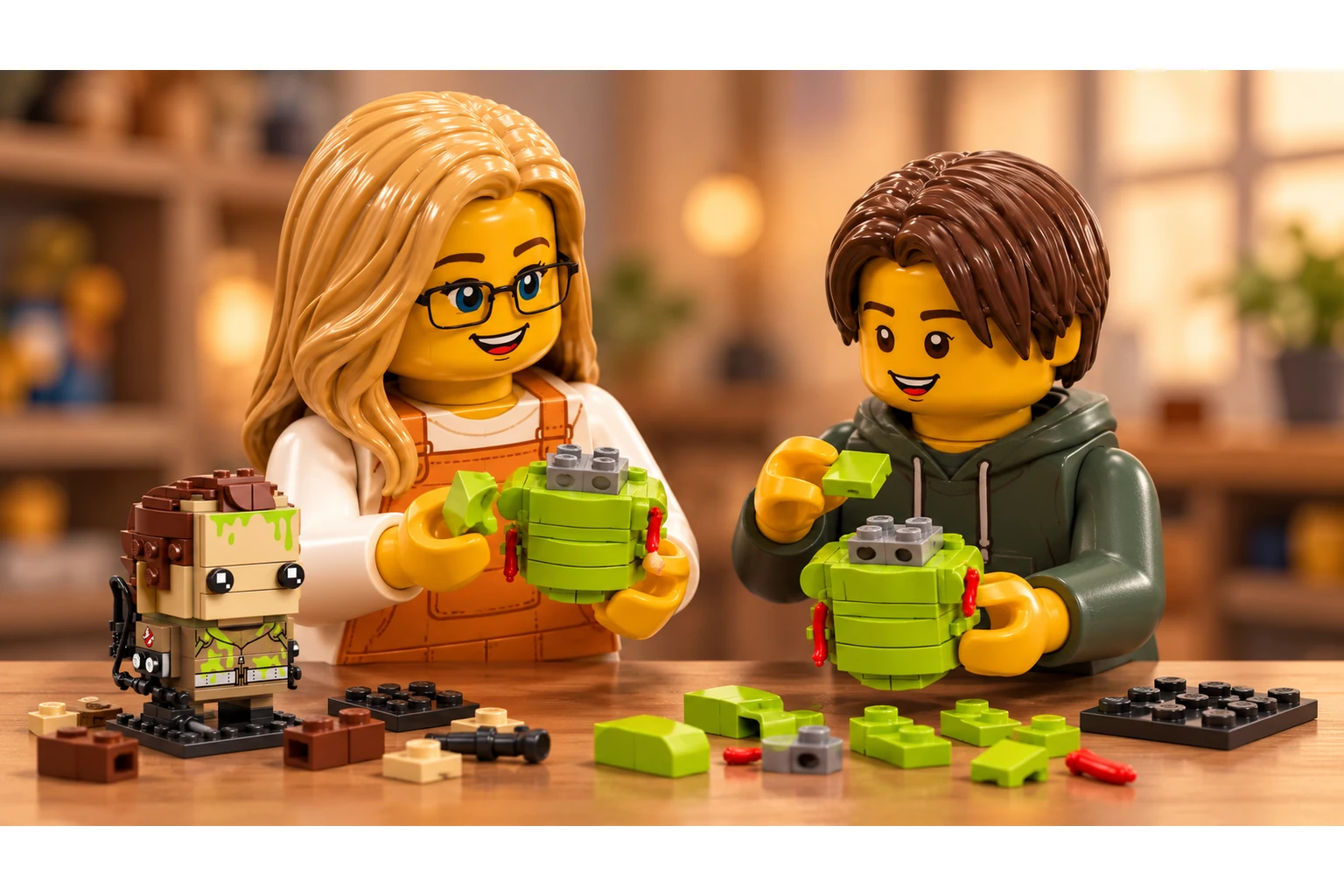Deux personnages en plastique assemblent deux petits sous-ensembles verts inachevés de Bouffe-tout ; le modèle de Venkman terminé se tient à gauche sur la table.