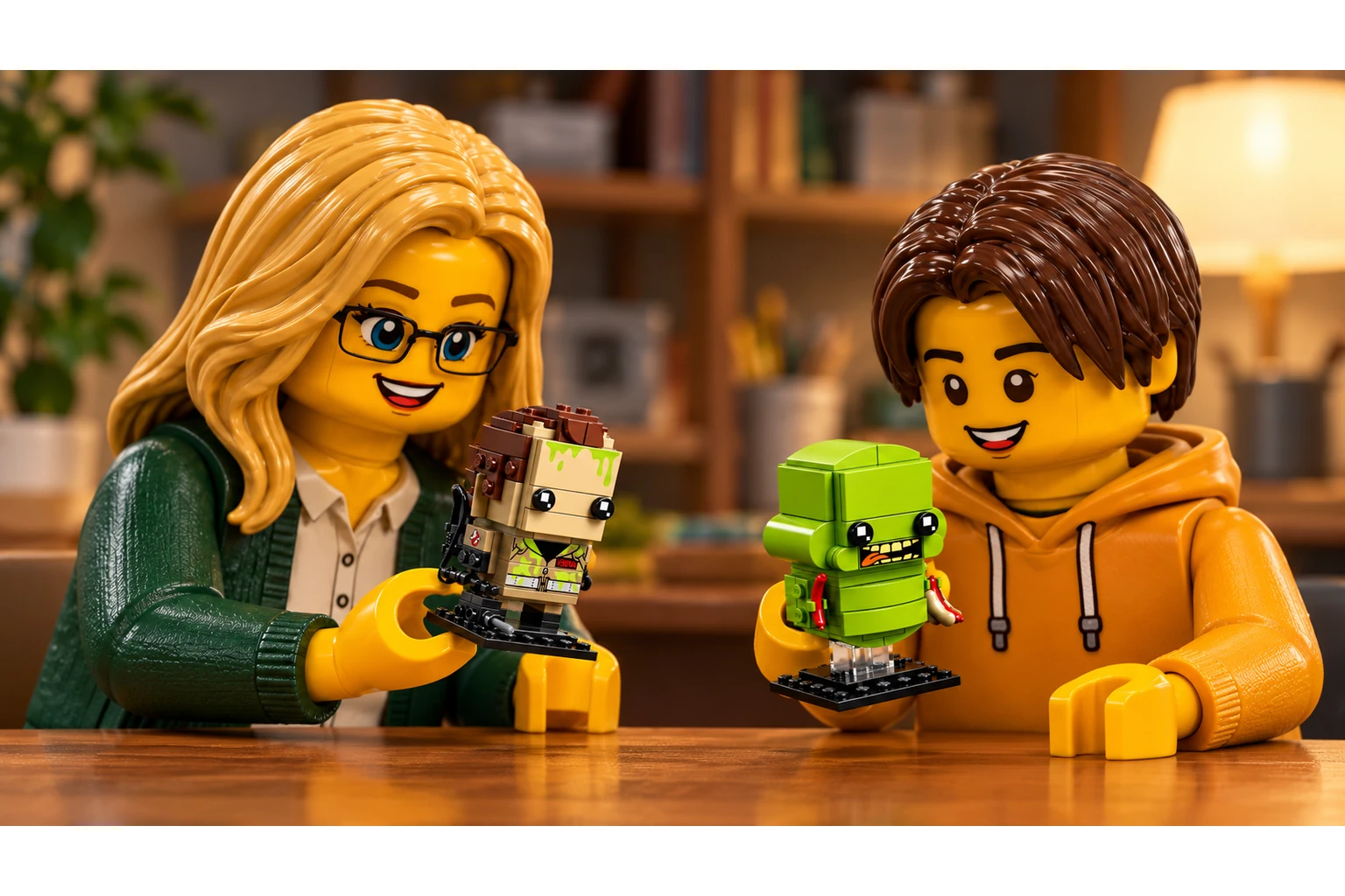 Deux personnages en plastique, une adulte blonde à lunettes et un adolescent aux cheveux châtains, découvrent de petits modèles Peter Venkman & Bouffe-tout sur une table d’atelier.