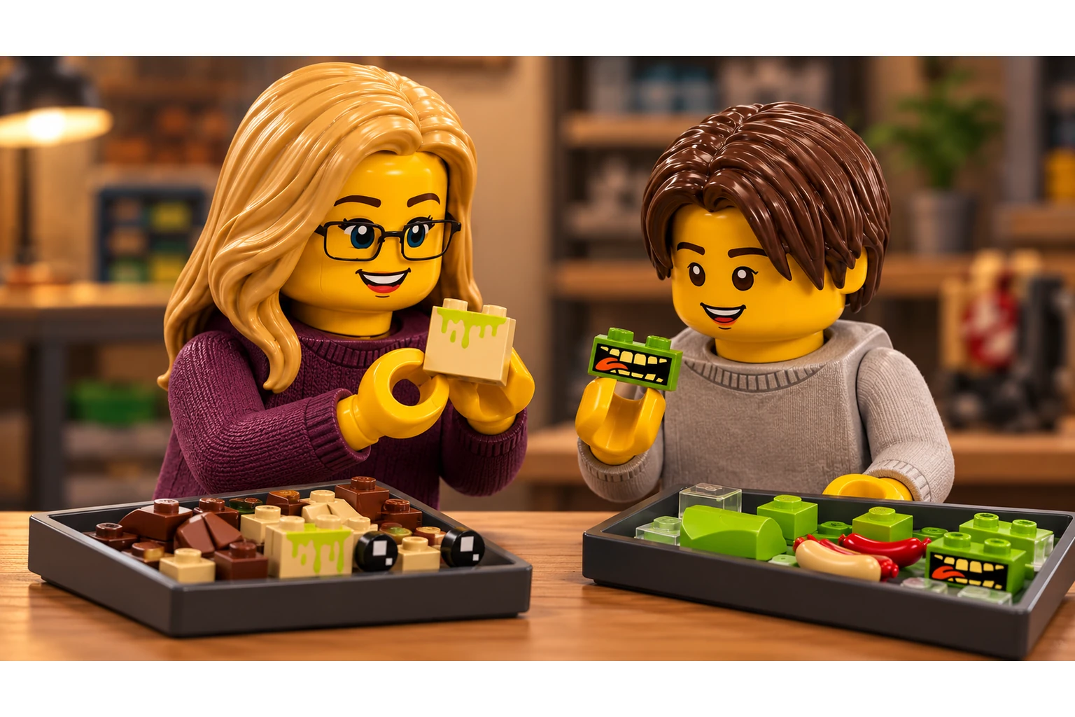 Deux personnages en plastique observent des pièces caractéristiques de Peter Venkman & Bouffe-tout au-dessus de bacs de tri.
