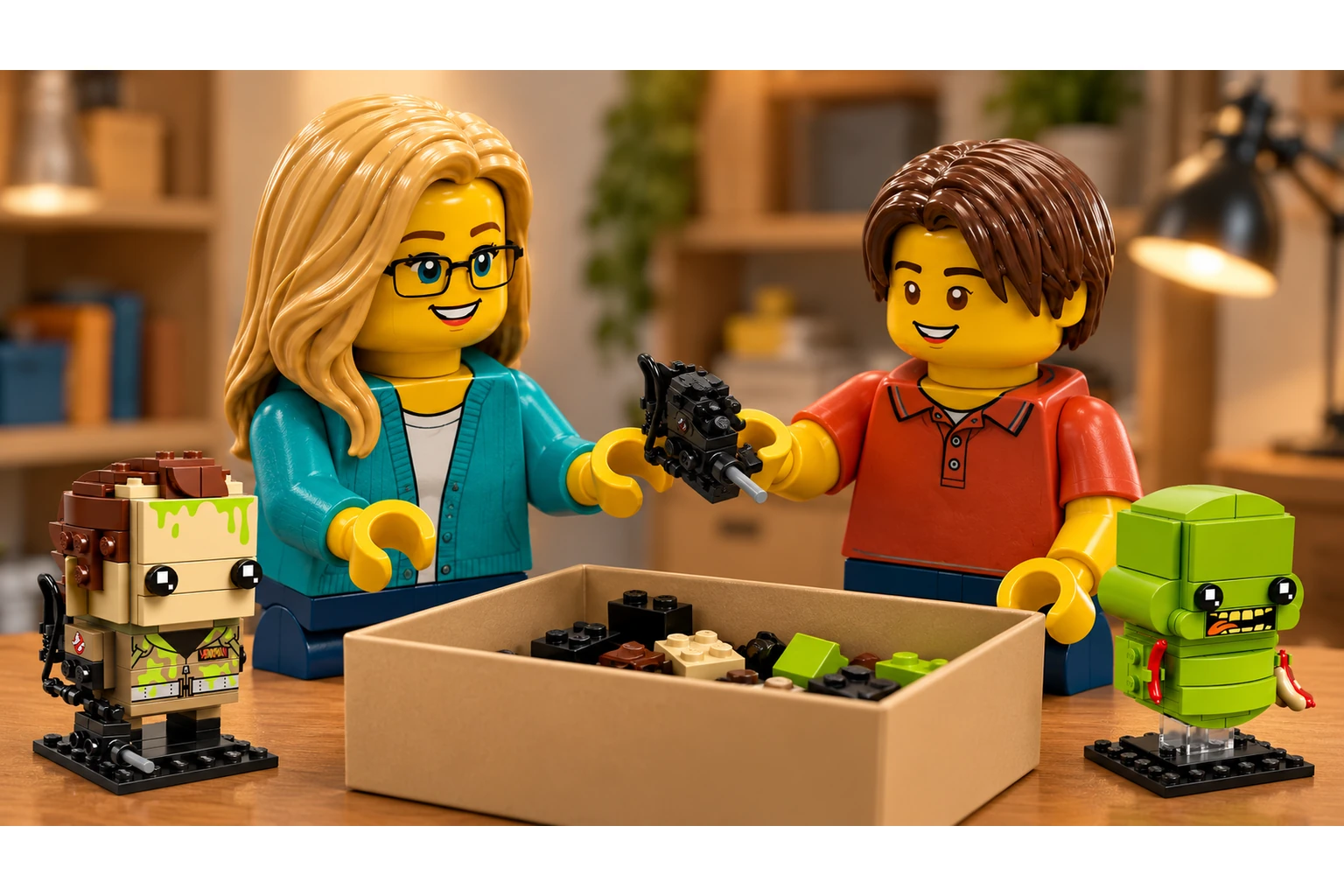Deux personnages en plastique se passent un petit sous-ensemble lié à Peter Venkman & Bouffe-tout au-dessus d’une boîte de rangement ouverte.