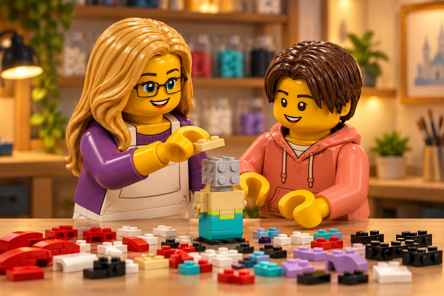 Deux personnages en plastique assemblent une petite structure inachevée liée à Ariel & Ursula, avec des pièces disposées sur la table.