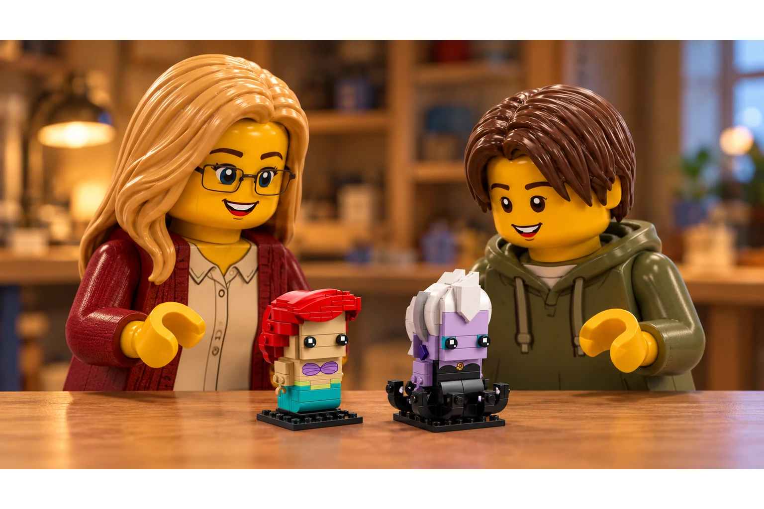 Deux personnages en plastique, une adulte blonde à lunettes et un adolescent aux cheveux châtains, découvrent de petits modèles Ariel & Ursula sur une table d’atelier.