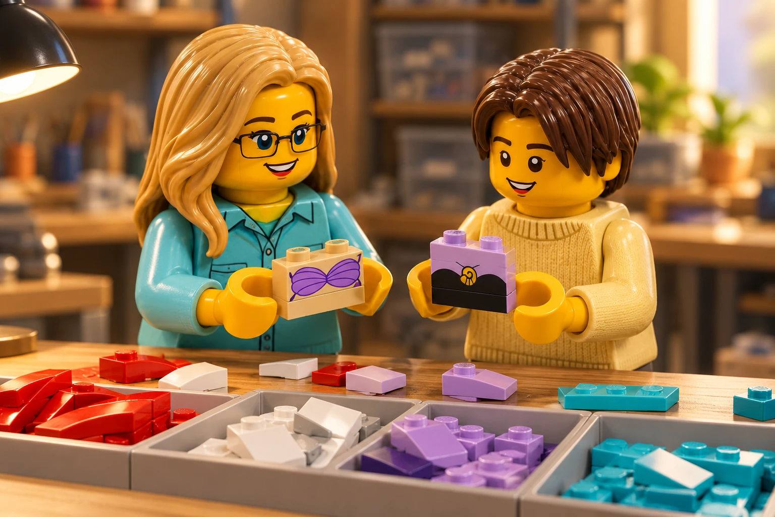 Deux personnages en plastique observent des pièces caractéristiques d’Ariel & Ursula au-dessus de bacs de tri.