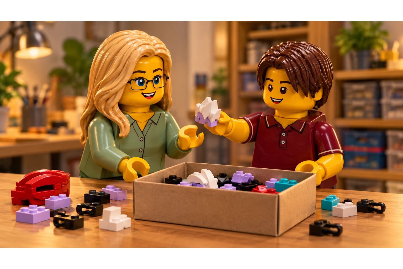 Deux personnages en plastique se passent un petit sous-ensemble lié à Ariel & Ursula au-dessus d’une boîte de rangement ouverte.