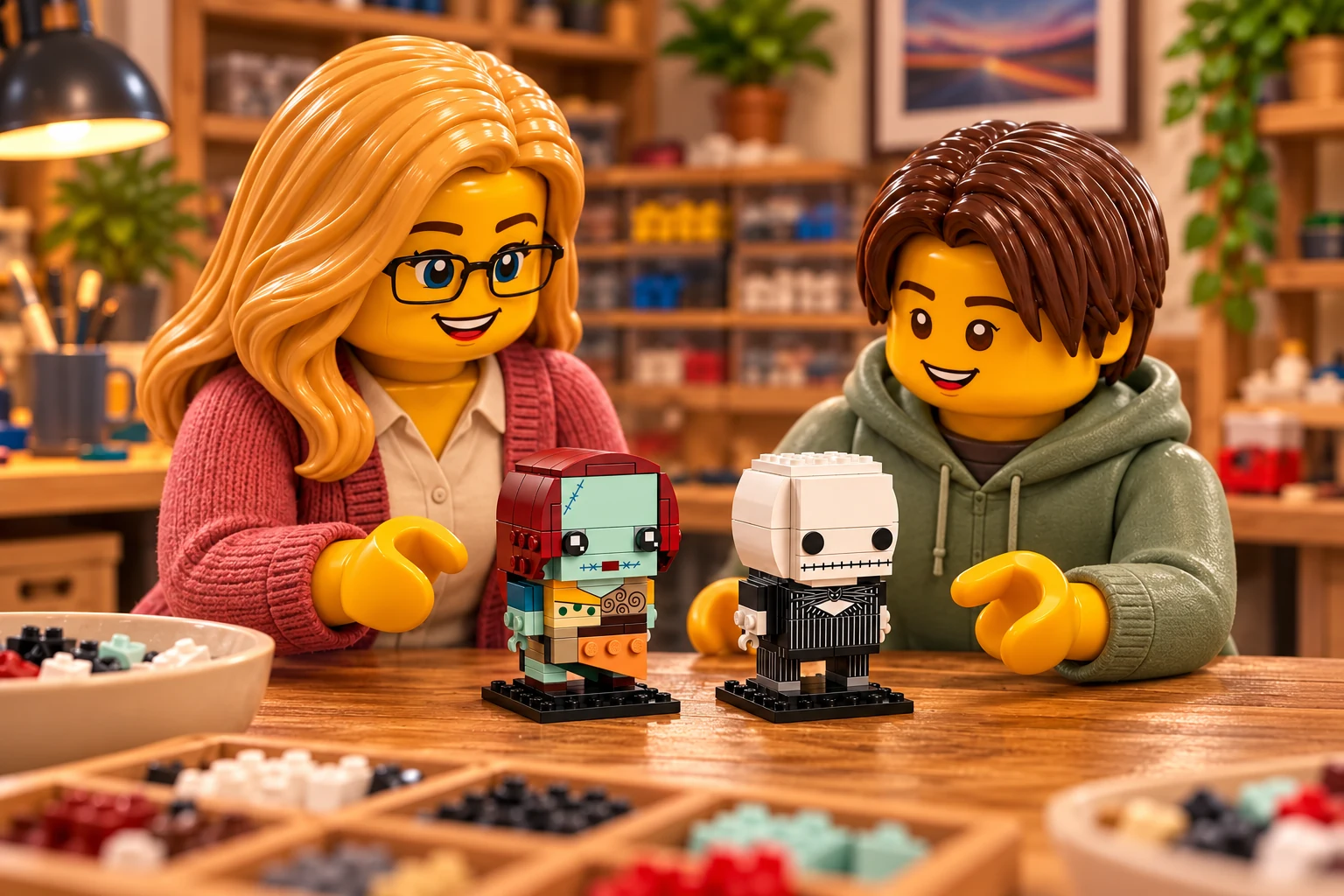Deux figurines en plastique, une adulte blonde aux lunettes rectangulaires et un adolescent aux cheveux châtains foncés, regardent les petits modèles Jack Skellington et Sally posés sur une table.