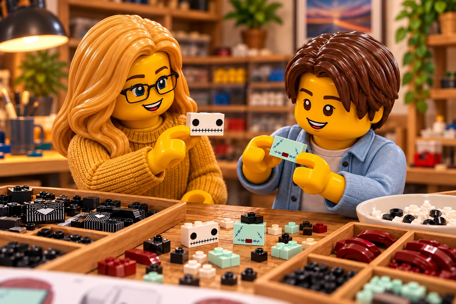 L’adulte à lunettes tient une petite tuile blanche cousue et l’adolescent tient une tuile aqua clair au-dessus de bacs contenant des pièces noires, blanches et rouge foncé.