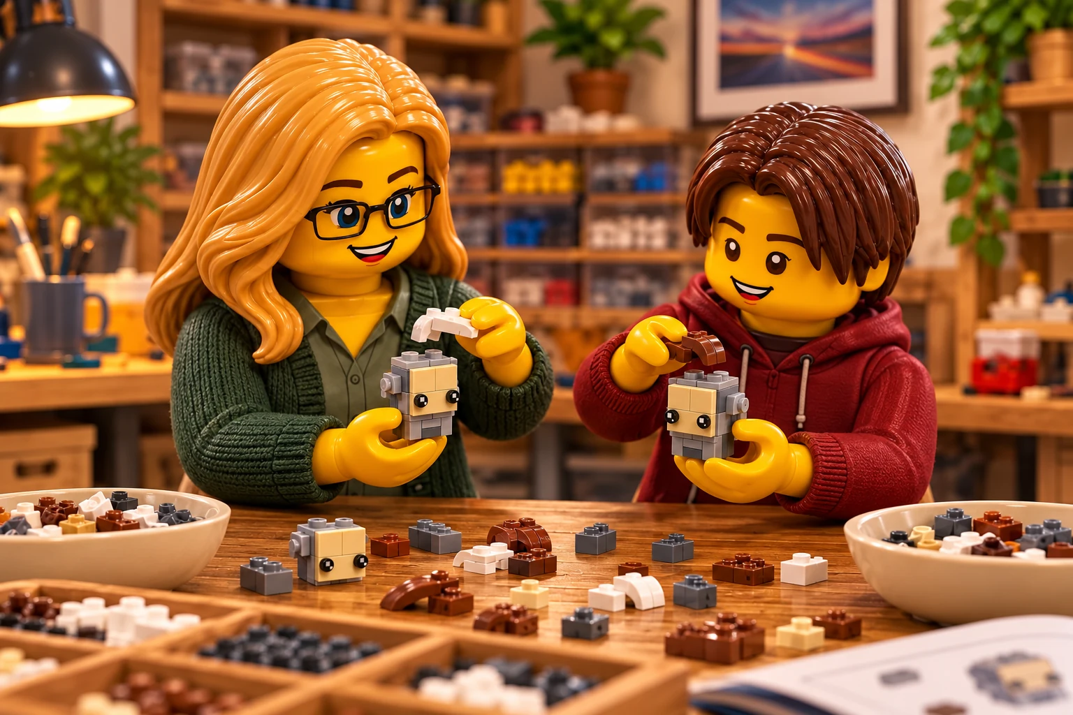 Les deux figurines assemblent chacune une petite tête beige inachevée à noyau gris en ajoutant des pièces blanches ; des éléments bruns sont disposés sur la table.