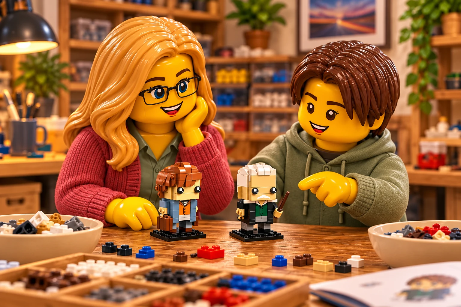 L’adulte blonde à lunettes et l’adolescent aux cheveux châtains observent les petits modèles Norbert Dragonneau et Grindelwald debout sur leurs socles noirs.