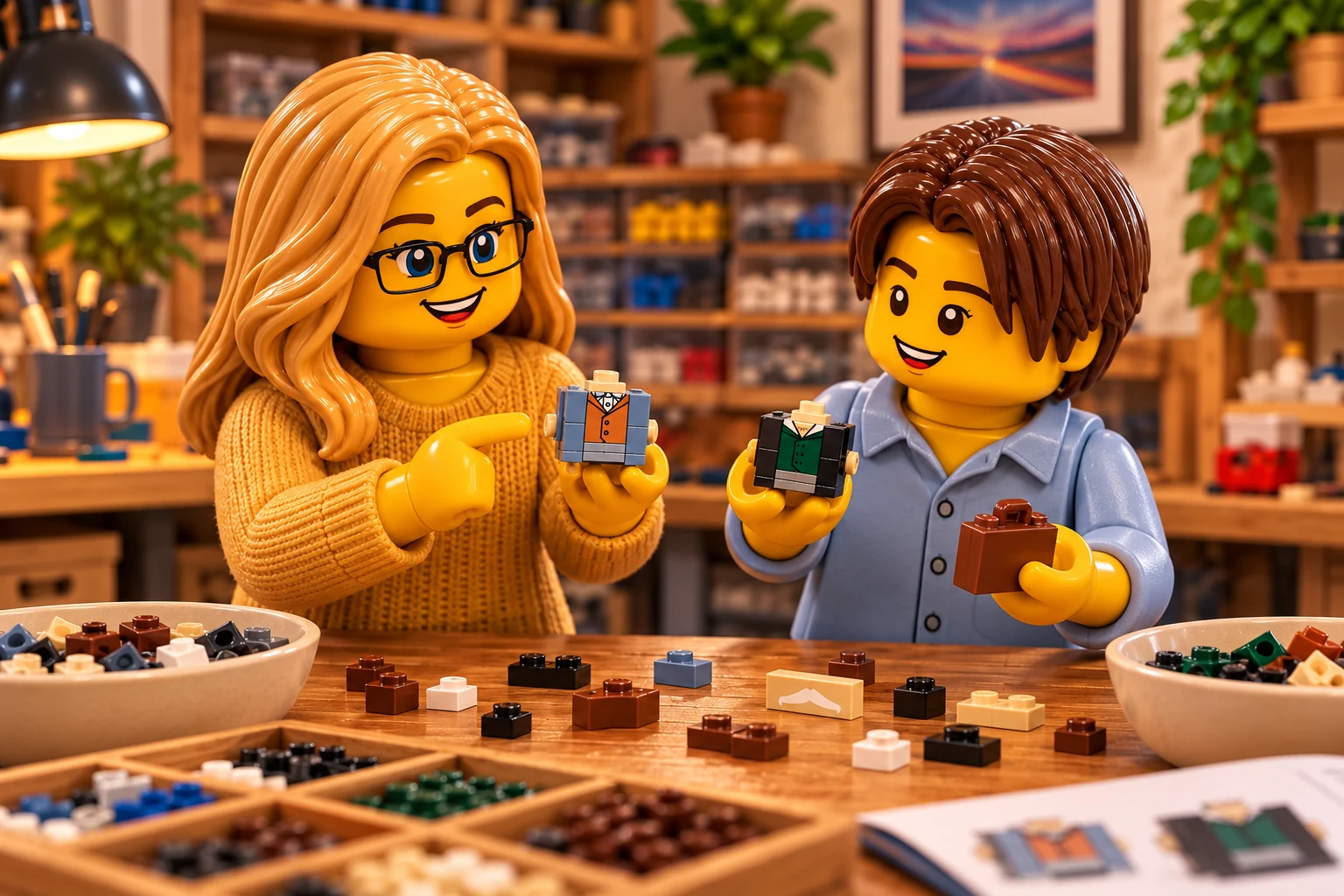 Les deux figurines comparent un petit torse bleu sable et orange et un petit torse vert foncé, avec une valise brune dans la main de l’adolescent.