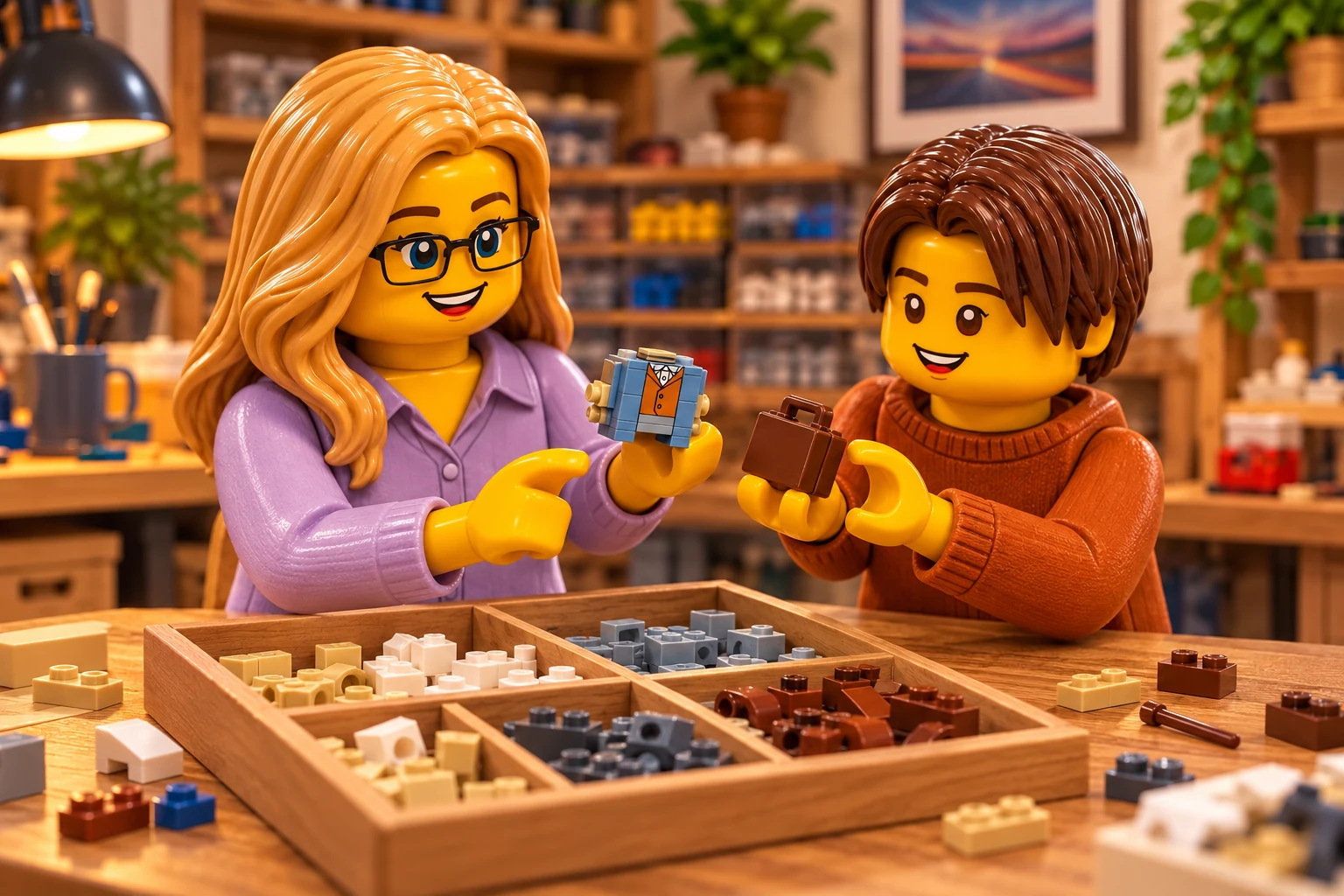 L’adulte montre un petit torse bleu sable et orange pendant que l’adolescent tient une petite valise brune au-dessus d’une boîte de pièces triées.