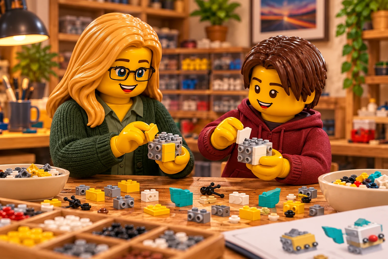 Les deux figurines assemblent de petits noyaux gris ouverts de tête en ajoutant des pièces jaunes et blanches au-dessus d’une table couverte de briques.