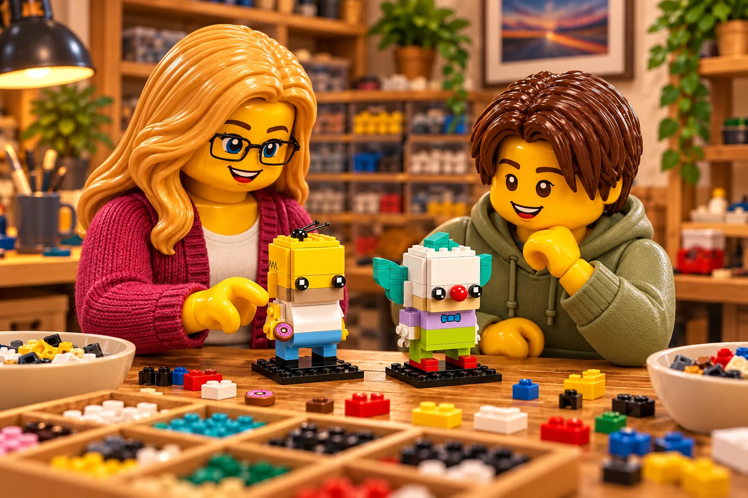 Les deux figurines en plastique regardent les petits modèles de Homer jaune et de Krusty blanc aux cheveux turquoise, debout sur leurs socles noirs.