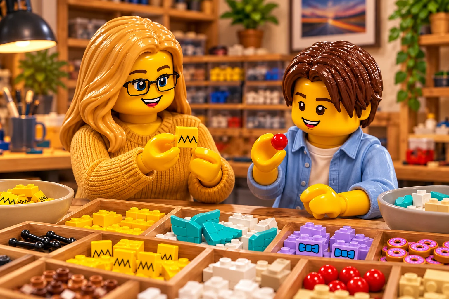 L’adulte blonde à lunettes compare une tuile jaune imprimée de cheveux en zigzag tandis que l’adolescent tient une petite boule rouge ; des tuiles de donut et des briques lavande sont rangées dans des bacs.