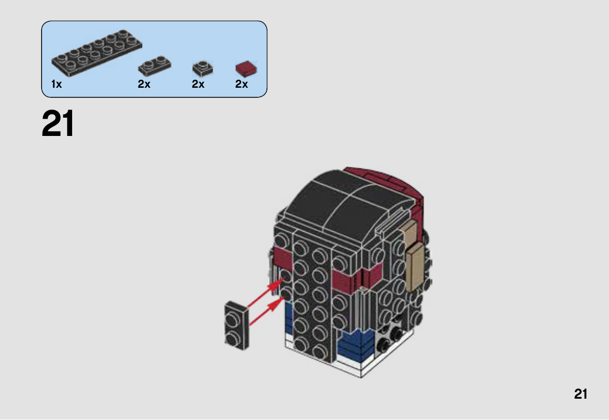 Notice LEGO 41593, page 21 : Assemblage partiel de l’arrière de la tête : couches noires, petits éléments rouges du bandeau et tenons encore visibles.