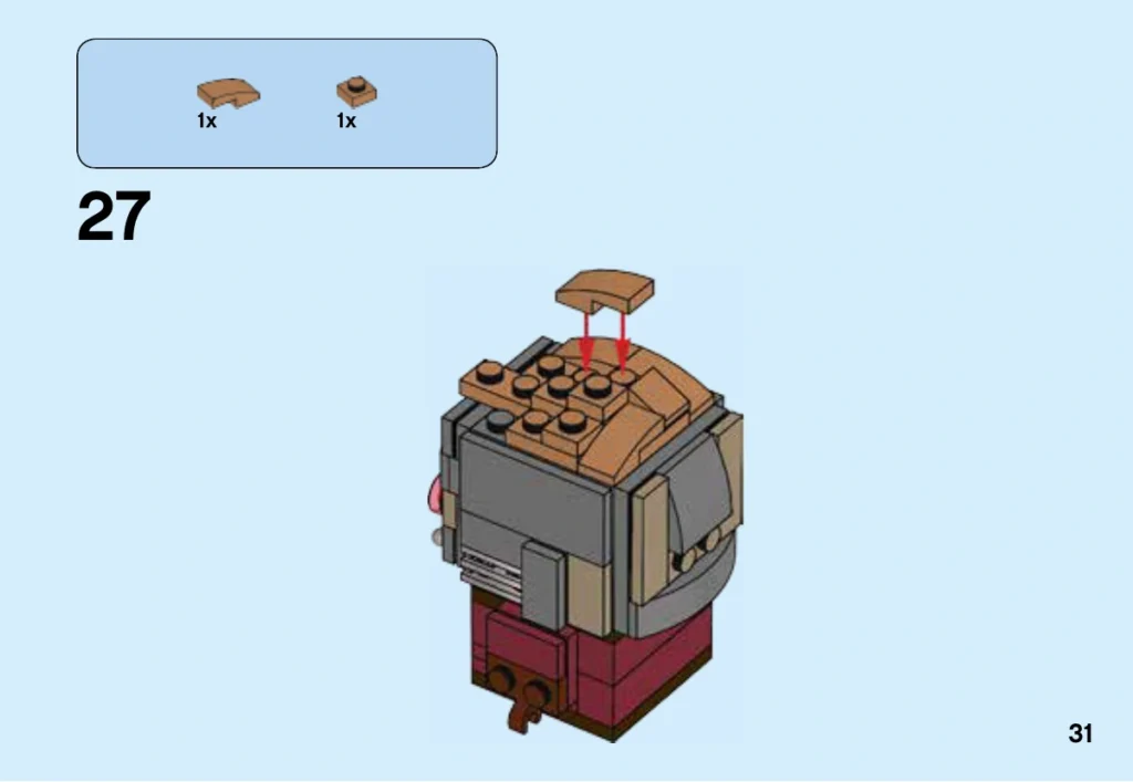 Notice LEGO 41606, page 31 : Même vue opposée/latérale d’un modèle partiel ; une courbe Medium Nougat et une plaque 1 × 1 poursuivent le dessus de la chevelure. Des tenons restent visibles ; jambes absentes, aucune preuve d’un arrière terminé.