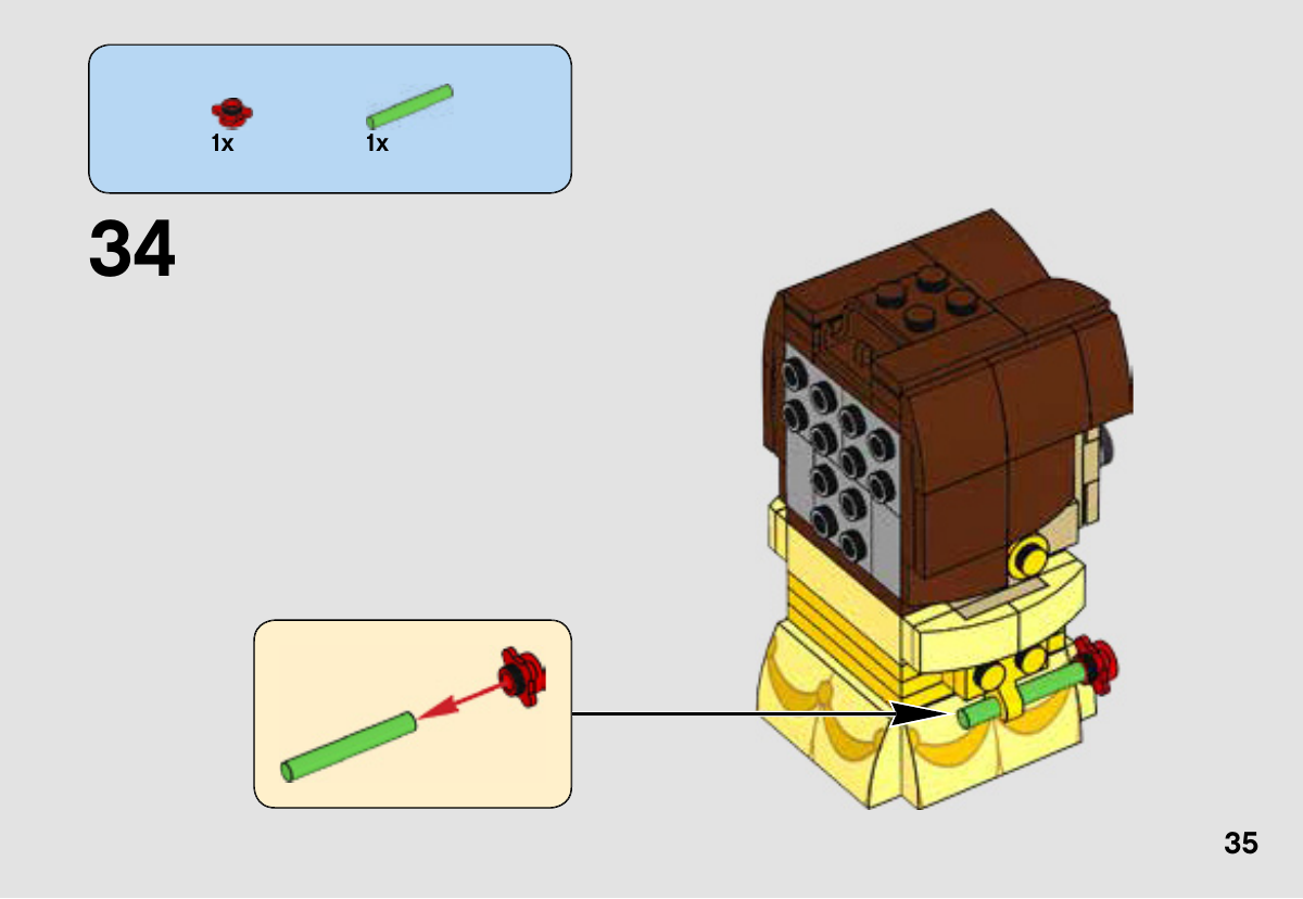 Notice LEGO 41595, page 35 : Emboîtement de la tête de rose rouge 6163983 sur la tige verte 6161772, puis placement de cet accessoire dans la pince jaune du personnage.